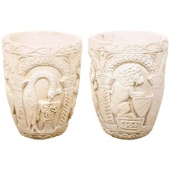 Pair of Mizner-Style Richly Decorated Cast-Stone Planters, 2+ Ft Tall