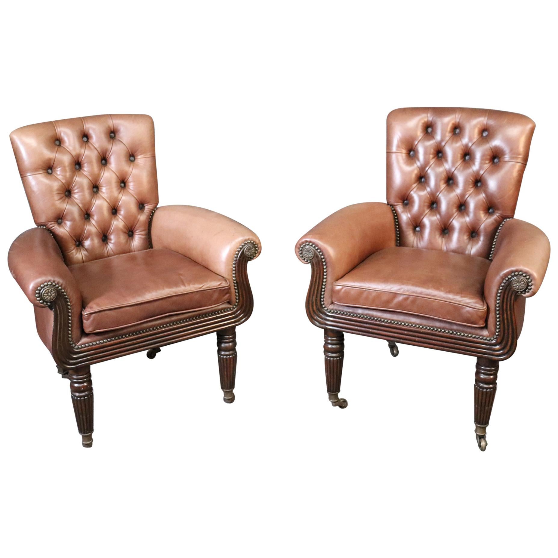 Pair of Mocha Brown Leather Maitland Smith Georgian Mahogany Club Chairs