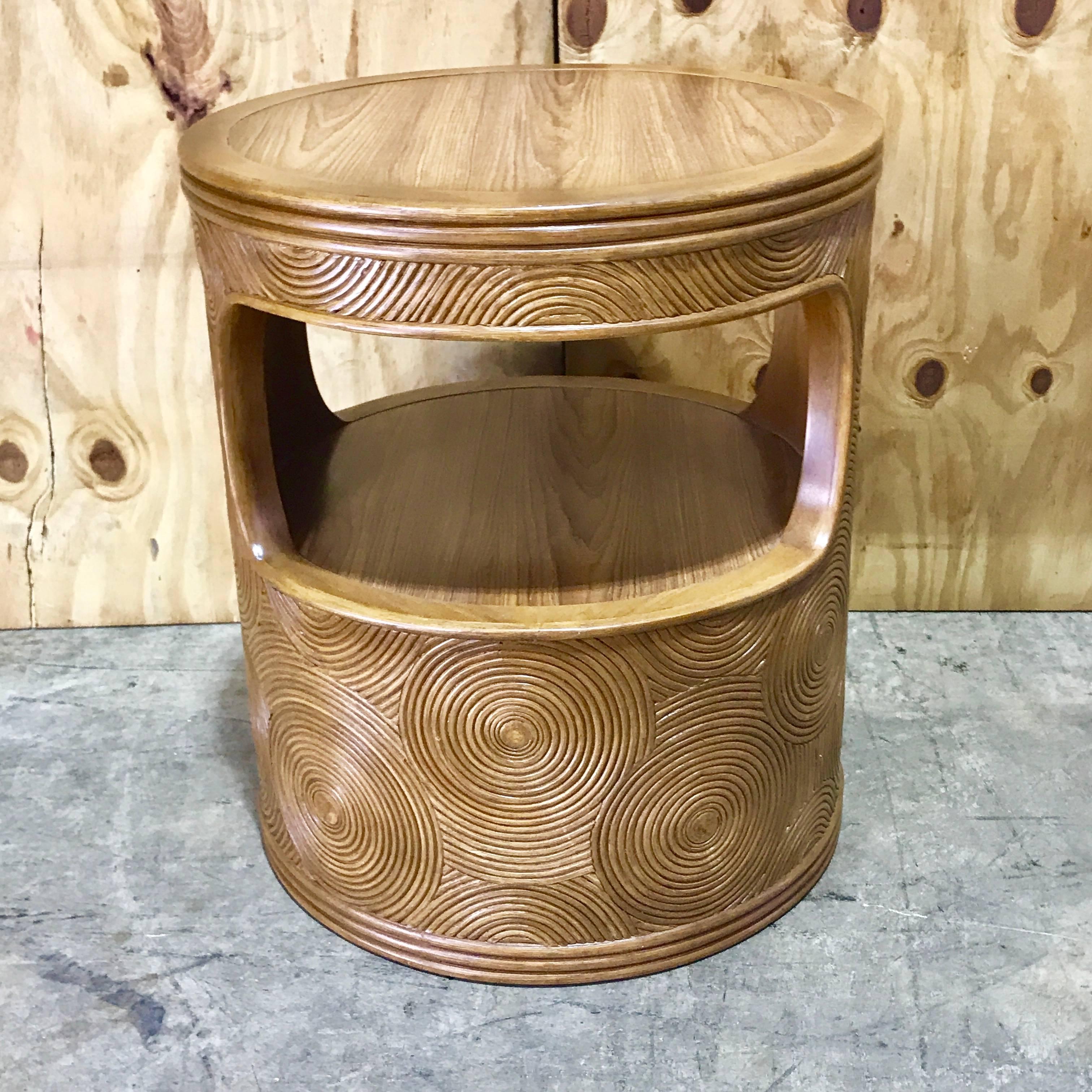 Pair of Mod Bamboo and Reed Round End Tables 1