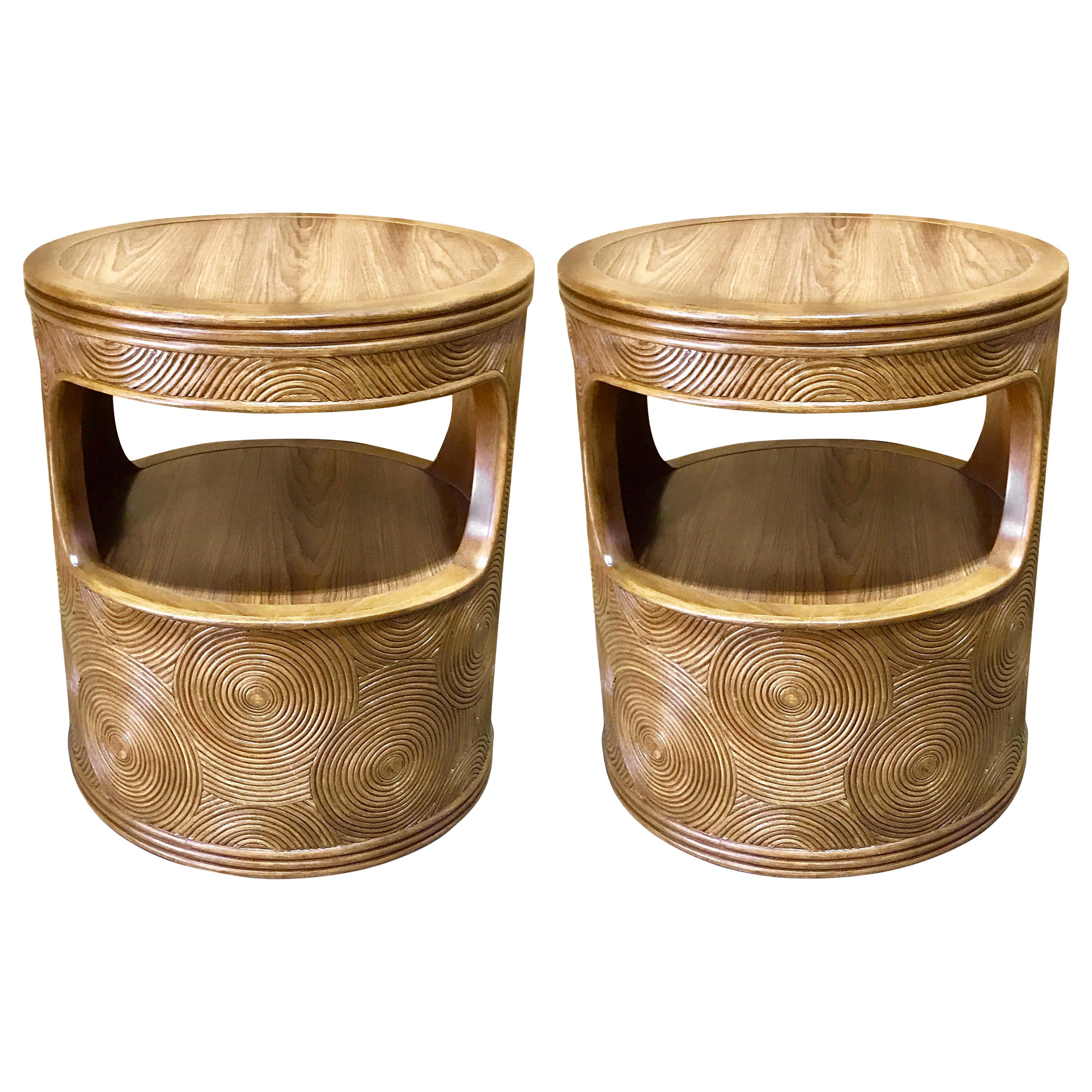 Pair of Mod Bamboo and Reed Round End Tables