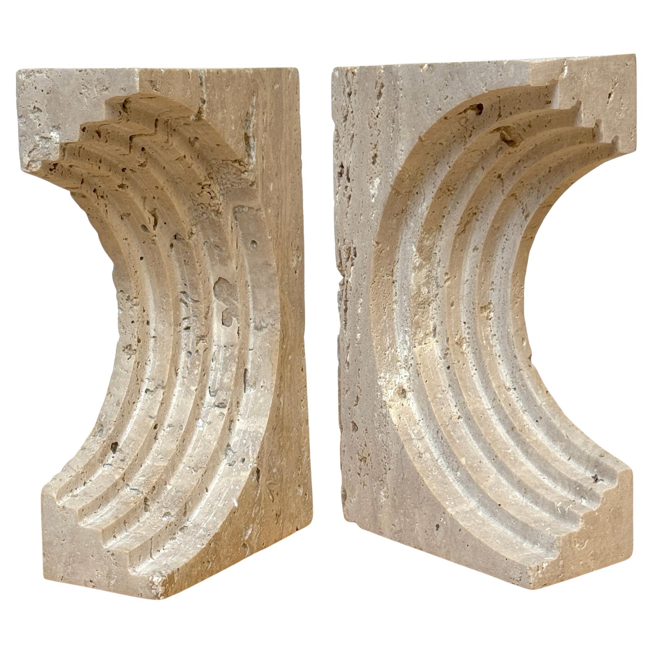 Pair of Mod Carved Travertine Bookends by Up & Up, Italy, 1970s