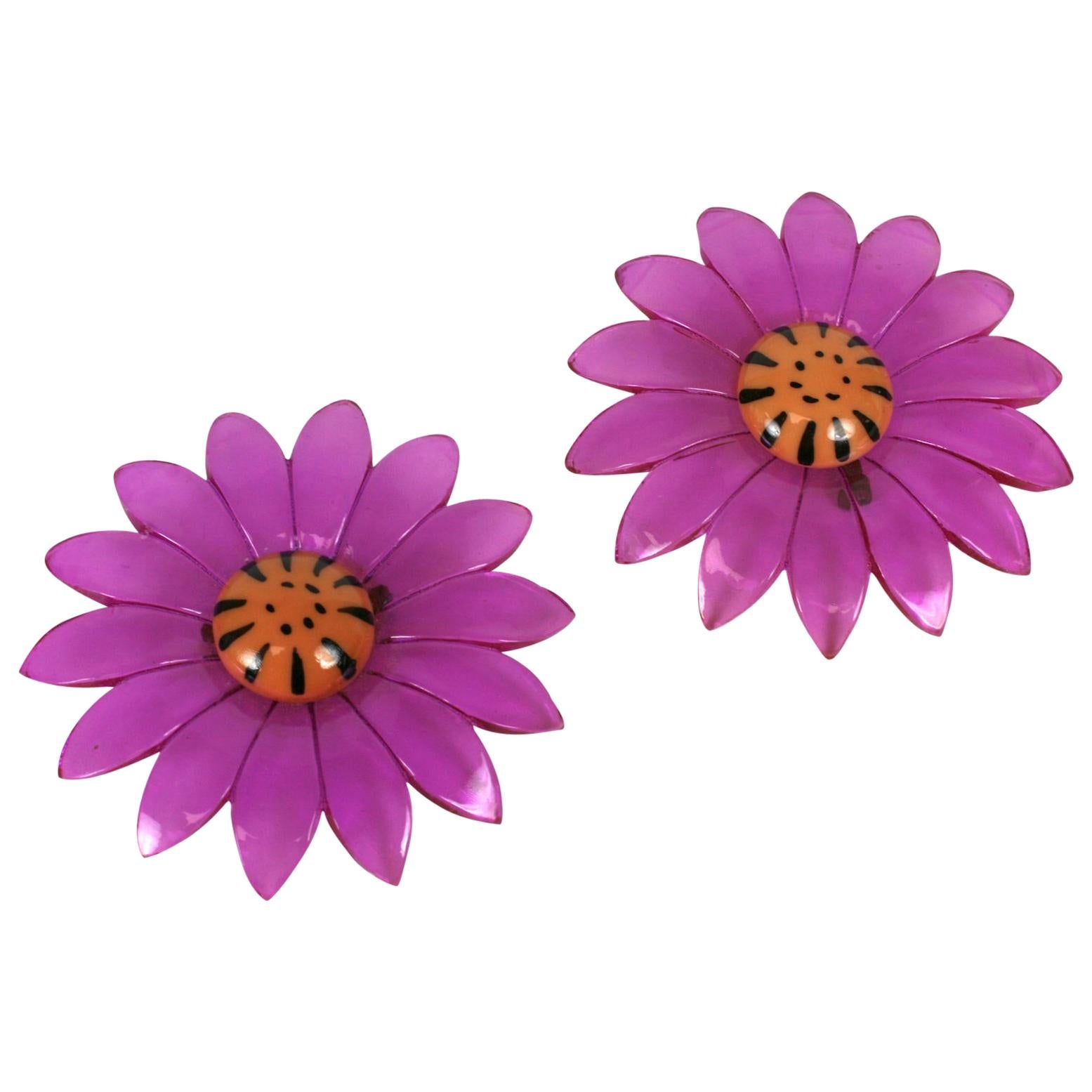 Pair of Mod Lucite Daisy Brooches For Sale