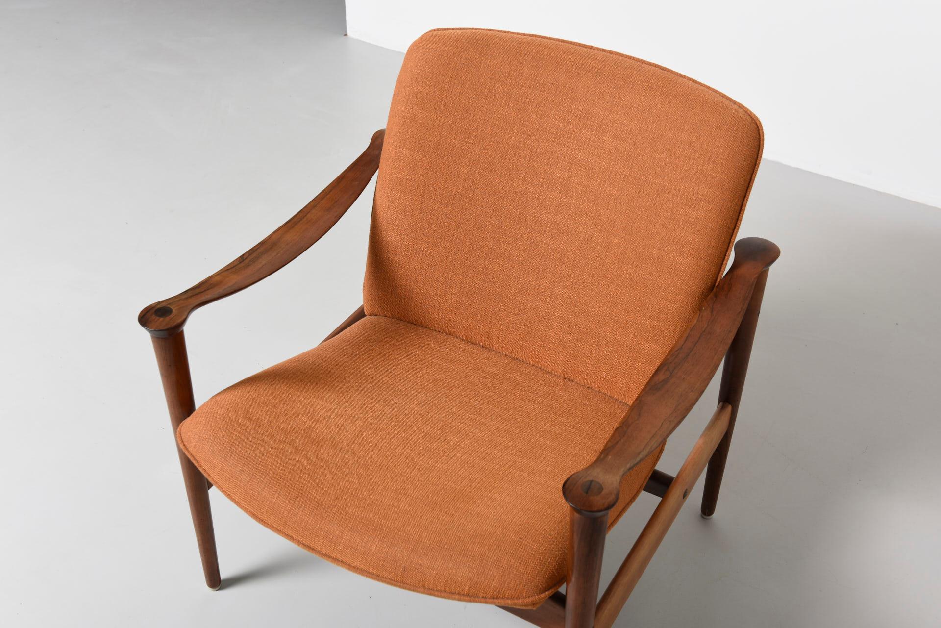 Brass Pair of Model 711 Rosewood Armchairs by Fredrik A. Kayser, 1950s