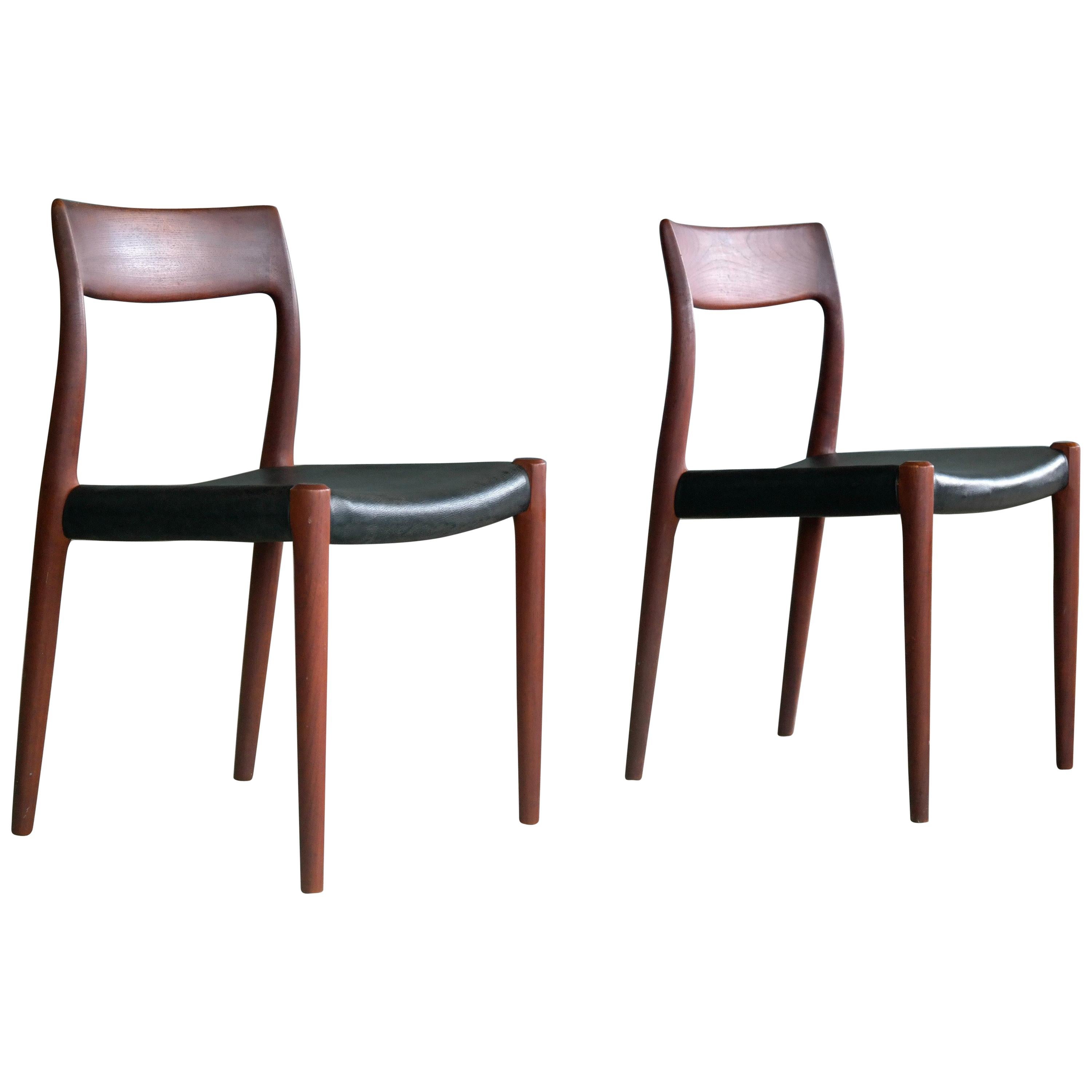 Pair of Model # 77 Teak Dining or Side Chairs by N.O. Møller, Denmark, 1959