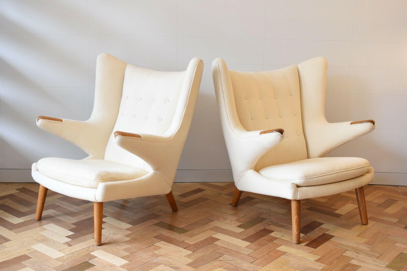 Pair of Model AP-19 papa bear chairs by Hans J. Wegner for A.P. Stolen, 1950's.
The Papa Bear chair is one of Wegner's most iconic and popular designs. 
These chairs were produced by A.P. Stolen in Denmark in the 1950's. This have beautiful oak