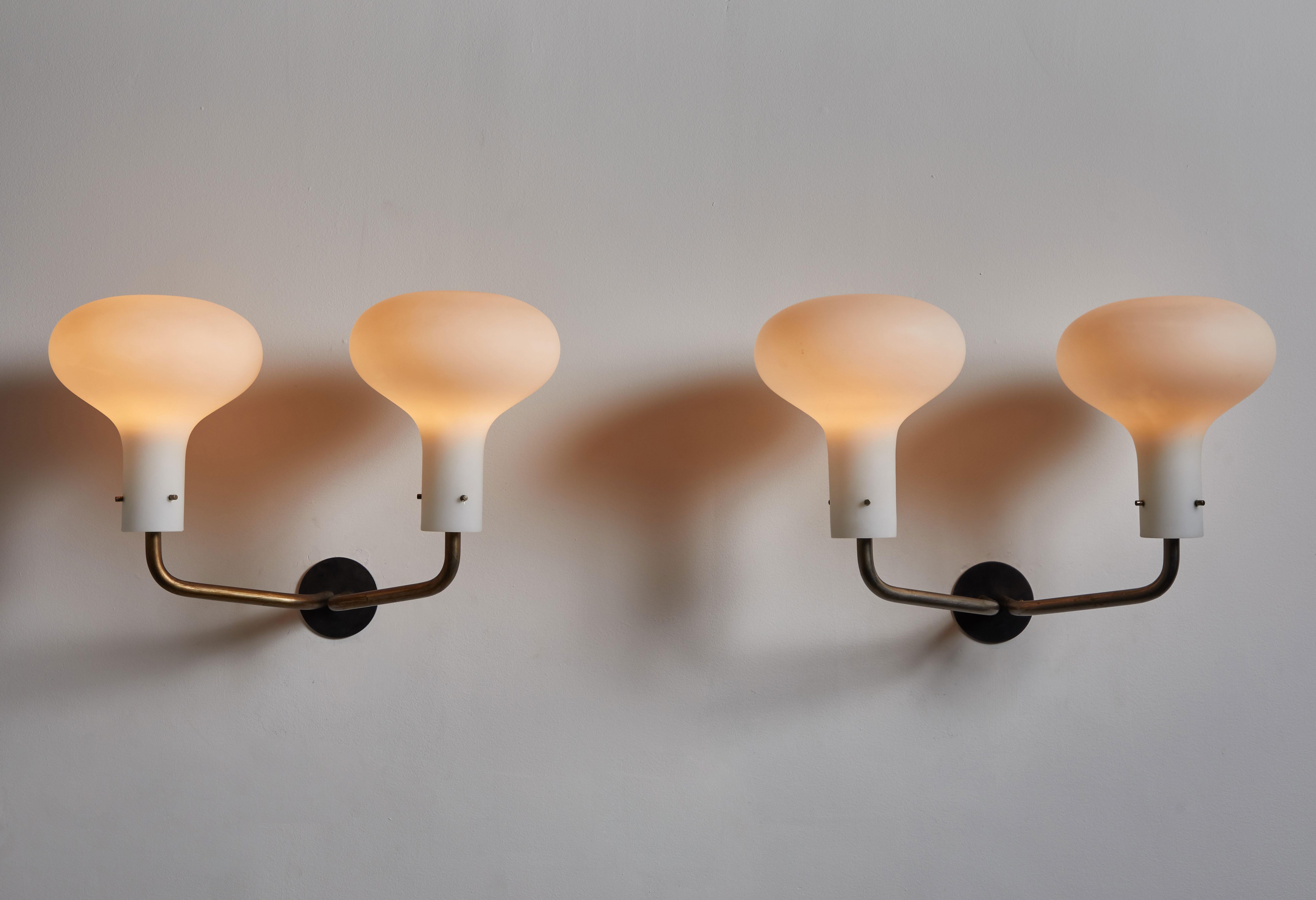 Pair of double-arm model Lp12 galleria sconces by Ignazio Gardella for Azucena. Designed and manufactured in Italy, 1958. Brass and brushed satin glass diffusers. Rewired for US junction boxes. Each light takes one E27 75w maximum bulb.