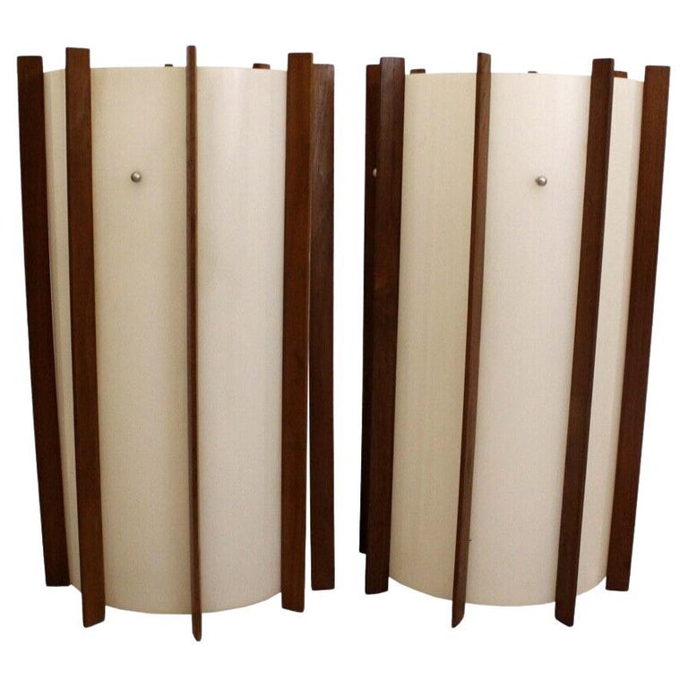 Pair of Modeline Style White Acrylic &Teak Wood Hanging or Table Lamps