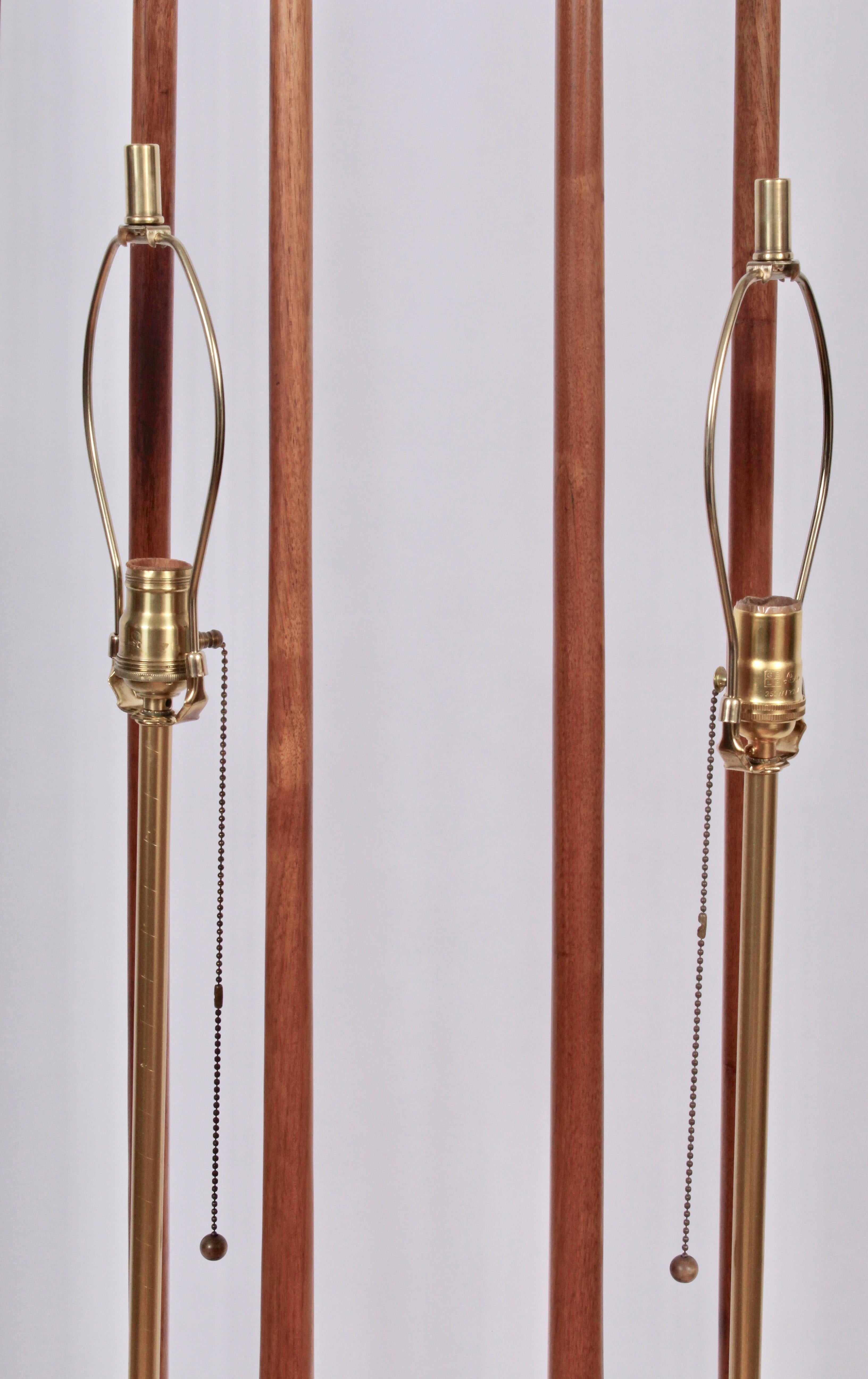 American Pair of Modeline Walnut and Brass Floor Lamps with White Linen Shades