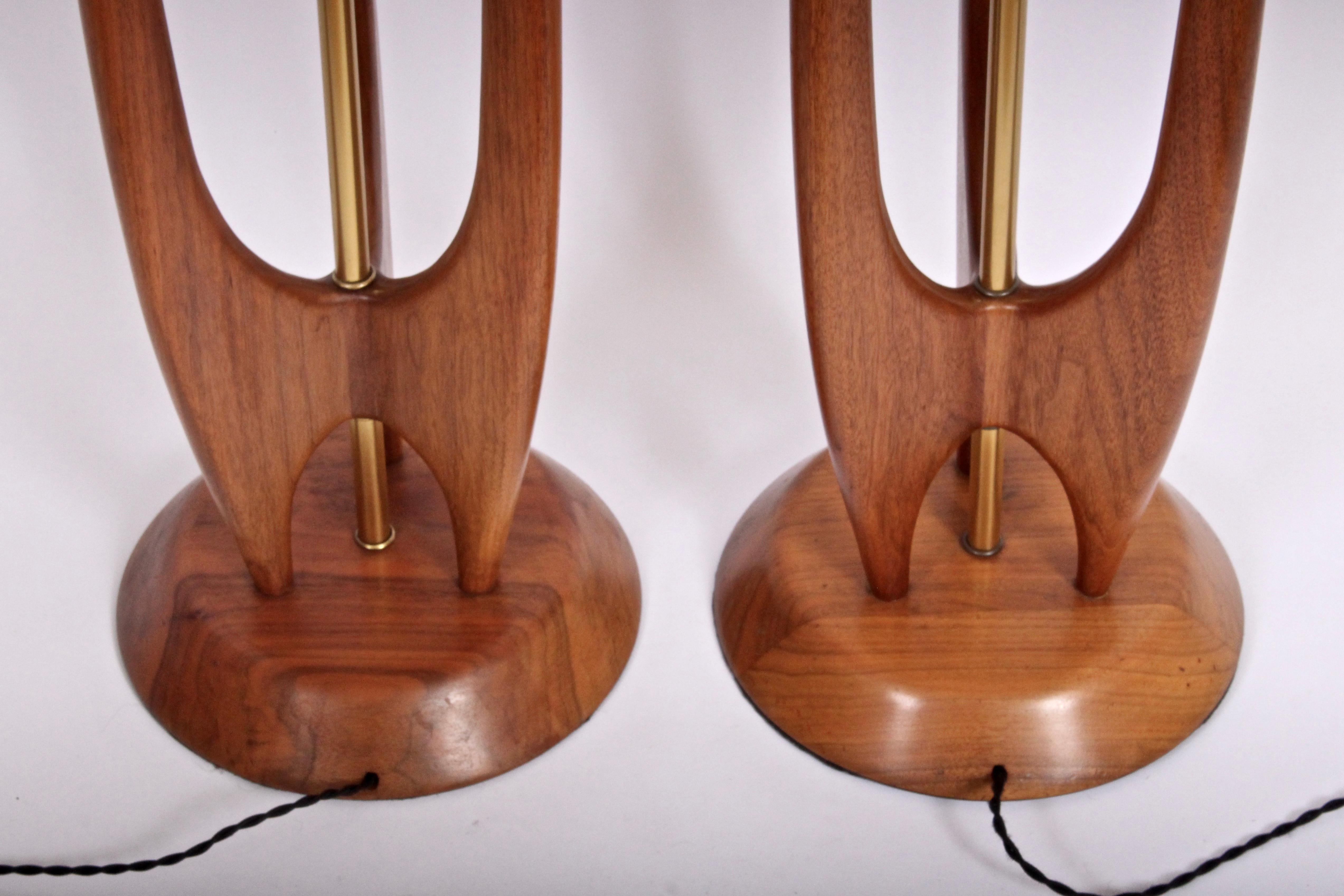 20th Century Pair of Modeline Walnut and Brass Floor Lamps with White Linen Shades