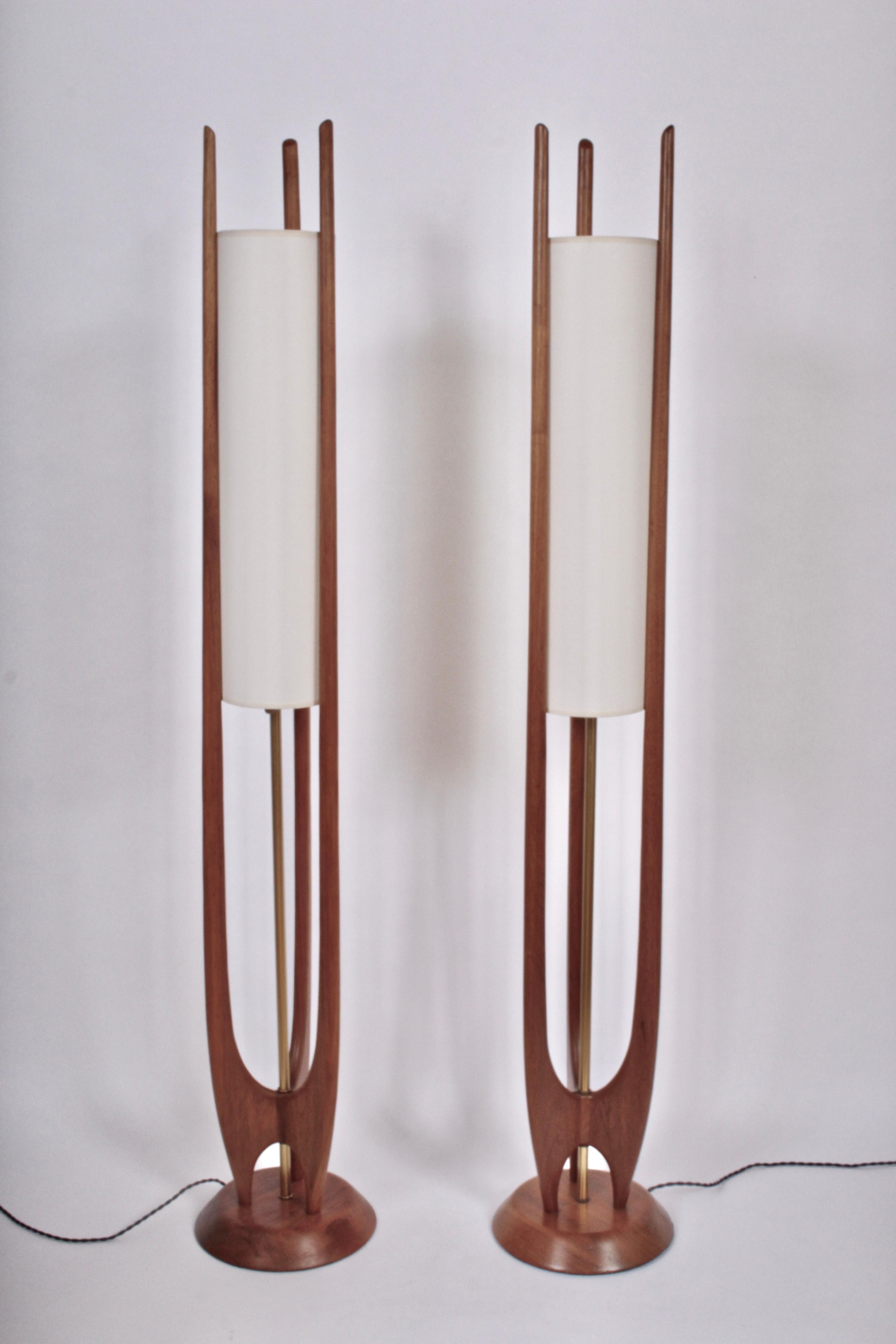 Pair of Modeline Walnut and Brass Floor Lamps with White Linen Shades 1