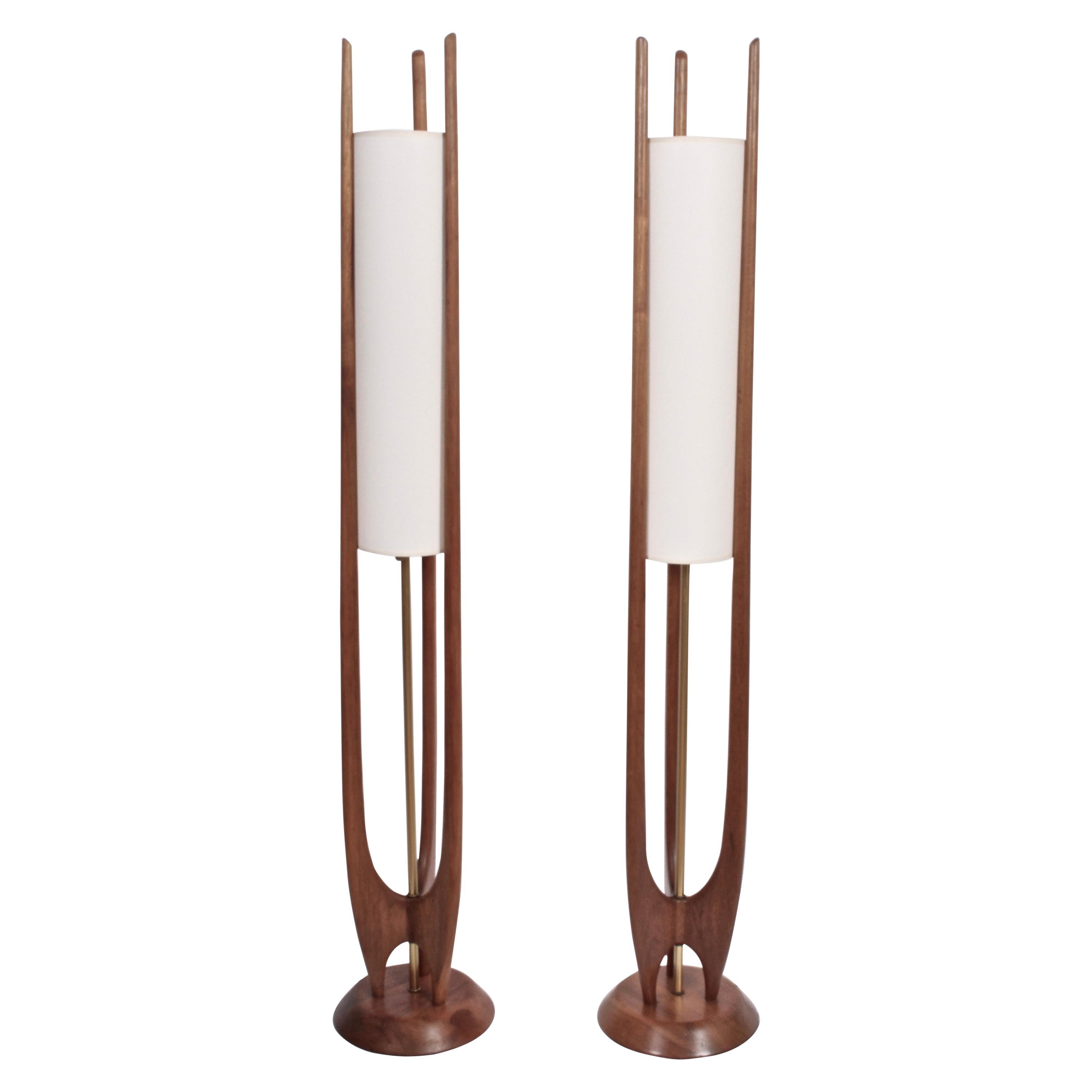 Pair of Modeline Walnut and Brass Floor Lamps with White Linen Shades