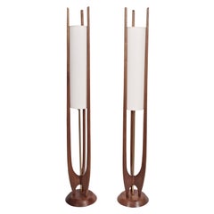 Pair of Modeline Walnut and Brass Floor Lamps with White Linen Shades