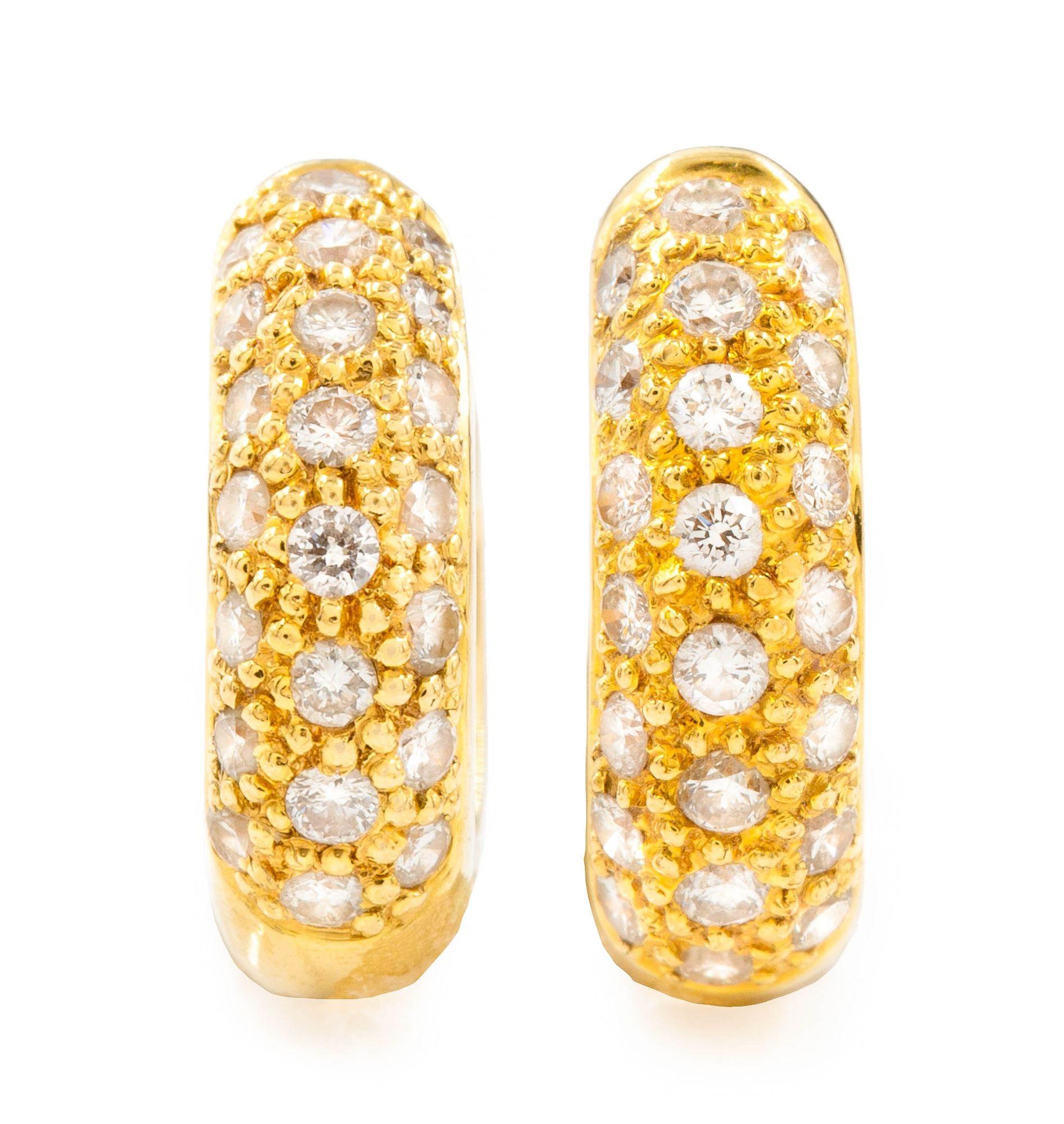 PAIR OF CONTEMPORARY 18 KARAT YELLOW GOLD HUGGIE EARRINGS WITH 44 DIAMONDS
Item # 307CKH29A 

A very attractive pair of huggie earrings executed in solid 18 karat yellow gold, they are a perfect size for everyday wear. With a total diameter of