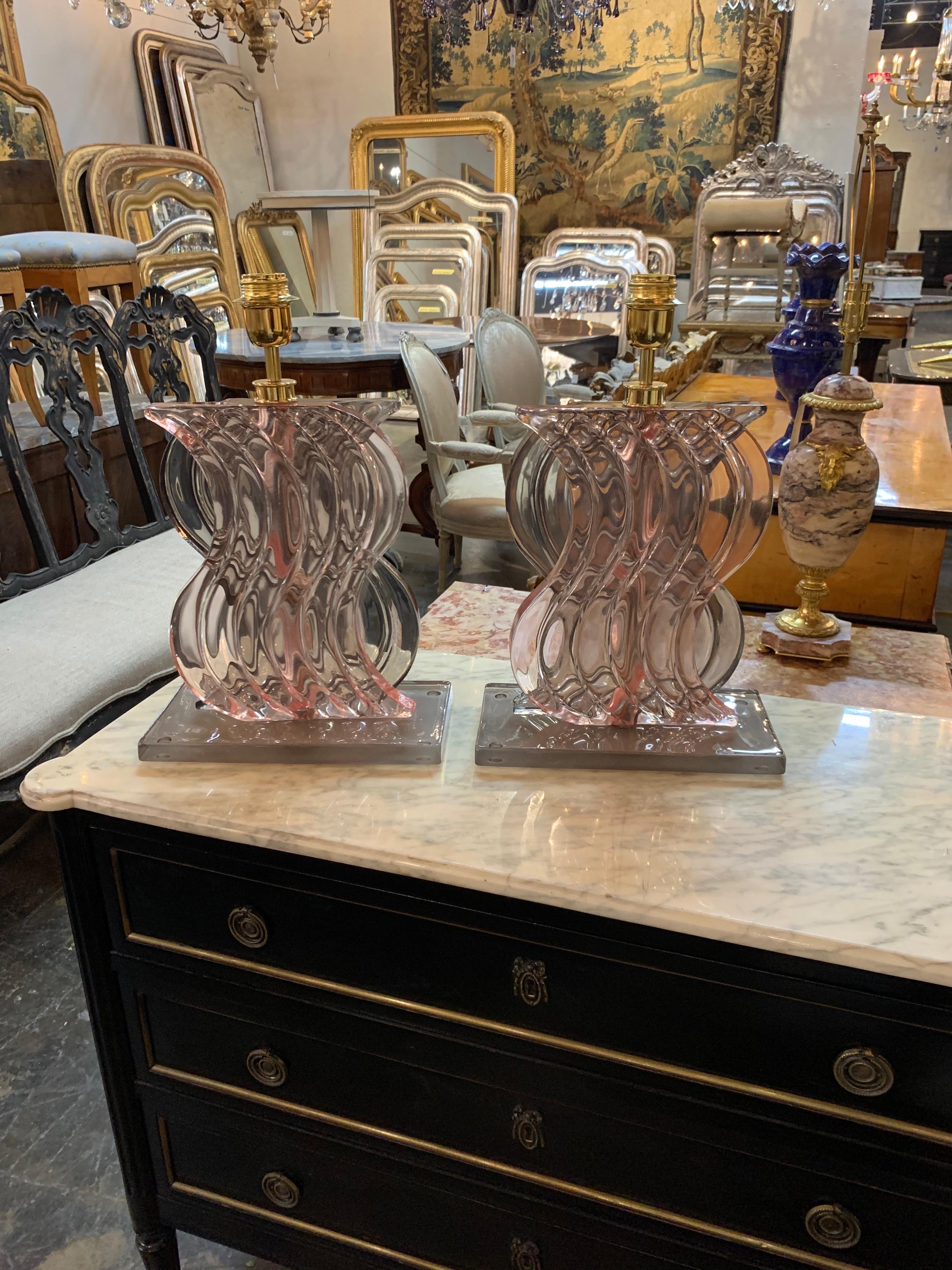 Pair of Modern 2 Sided Pink and Black Murano Glass Lamps In Good Condition In Dallas, TX