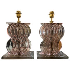 Pair of Modern 2 Sided Pink and Black Murano Glass Lamps