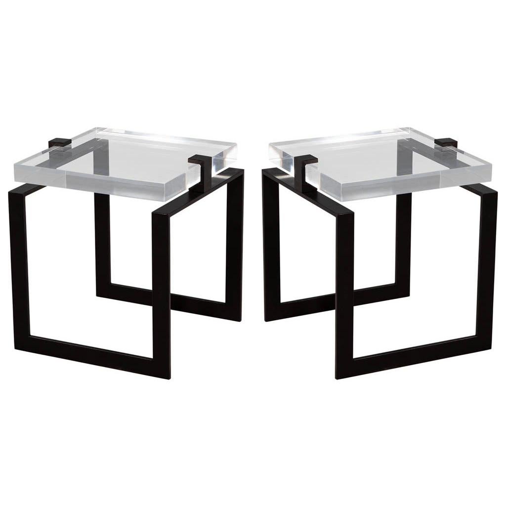 Pair of Modern Acrylic and Metal Side Tables For Sale