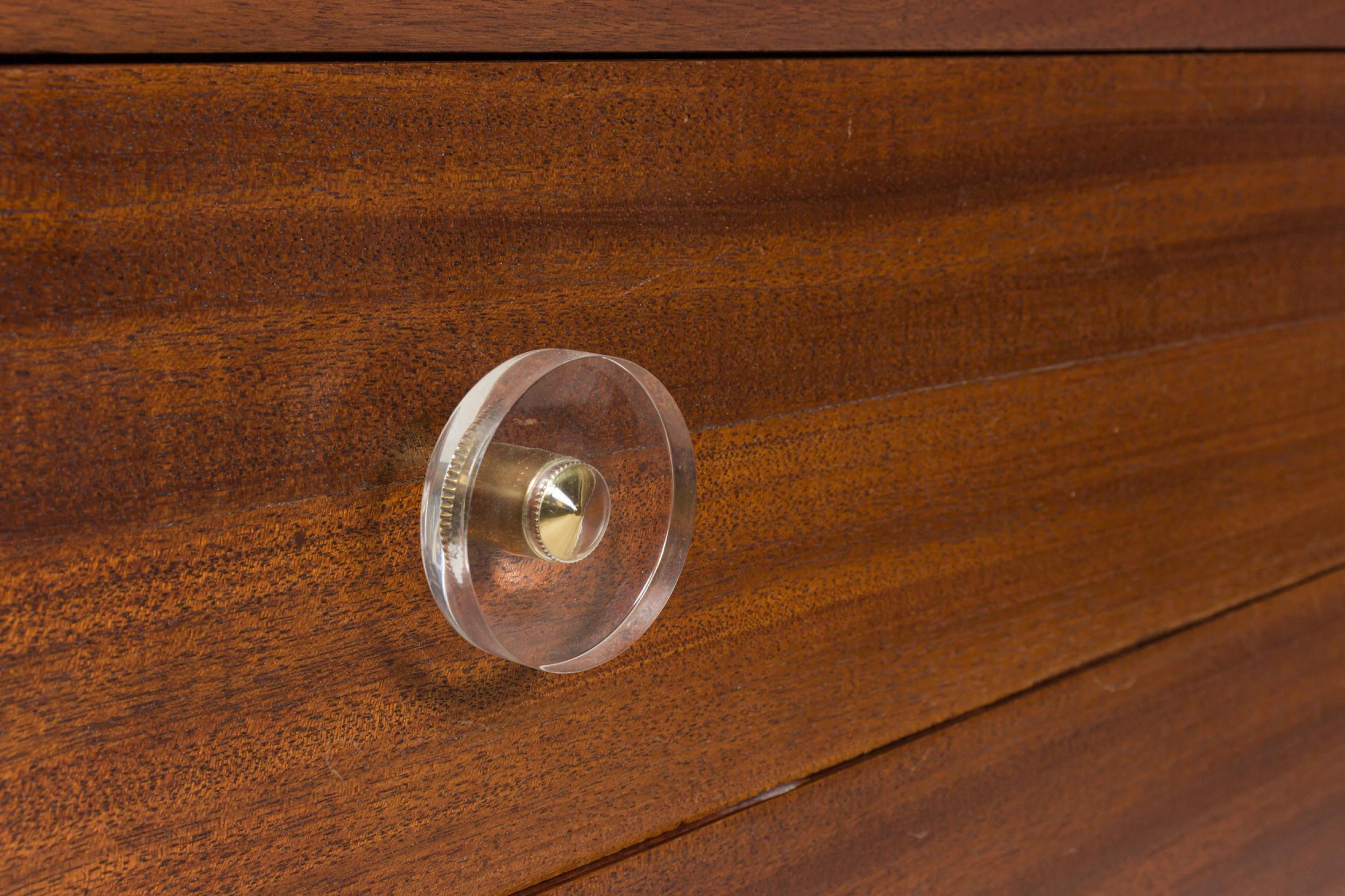 Pair of Modern Age Ribbon Mahogany and Lucite Disk Drawer Pull Four-Drawer Commo For Sale 4