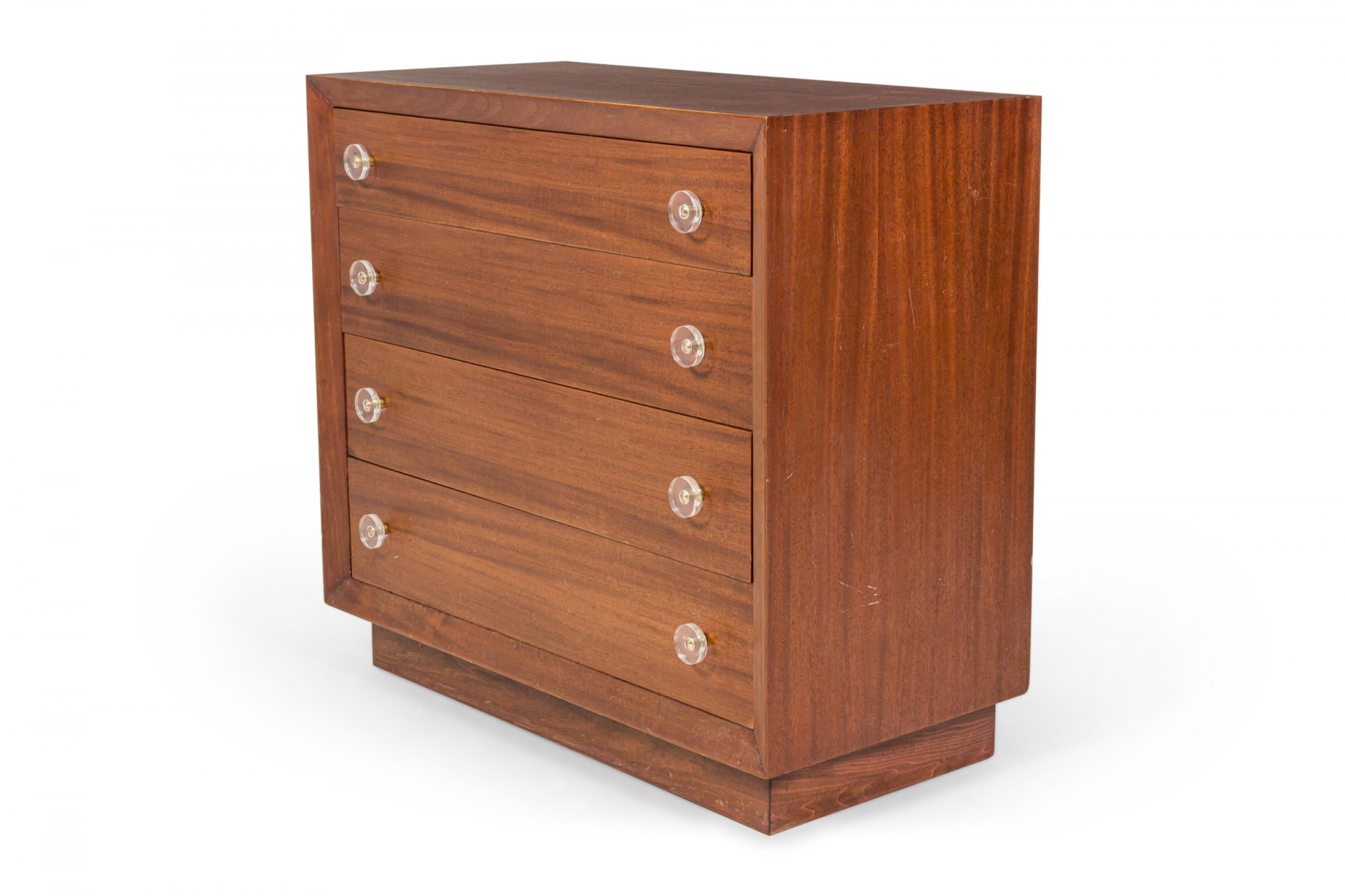 Pair of Modern Age Ribbon Mahogany and Lucite Disk Drawer Pull Four-Drawer Commo In Good Condition For Sale In Queens, NY