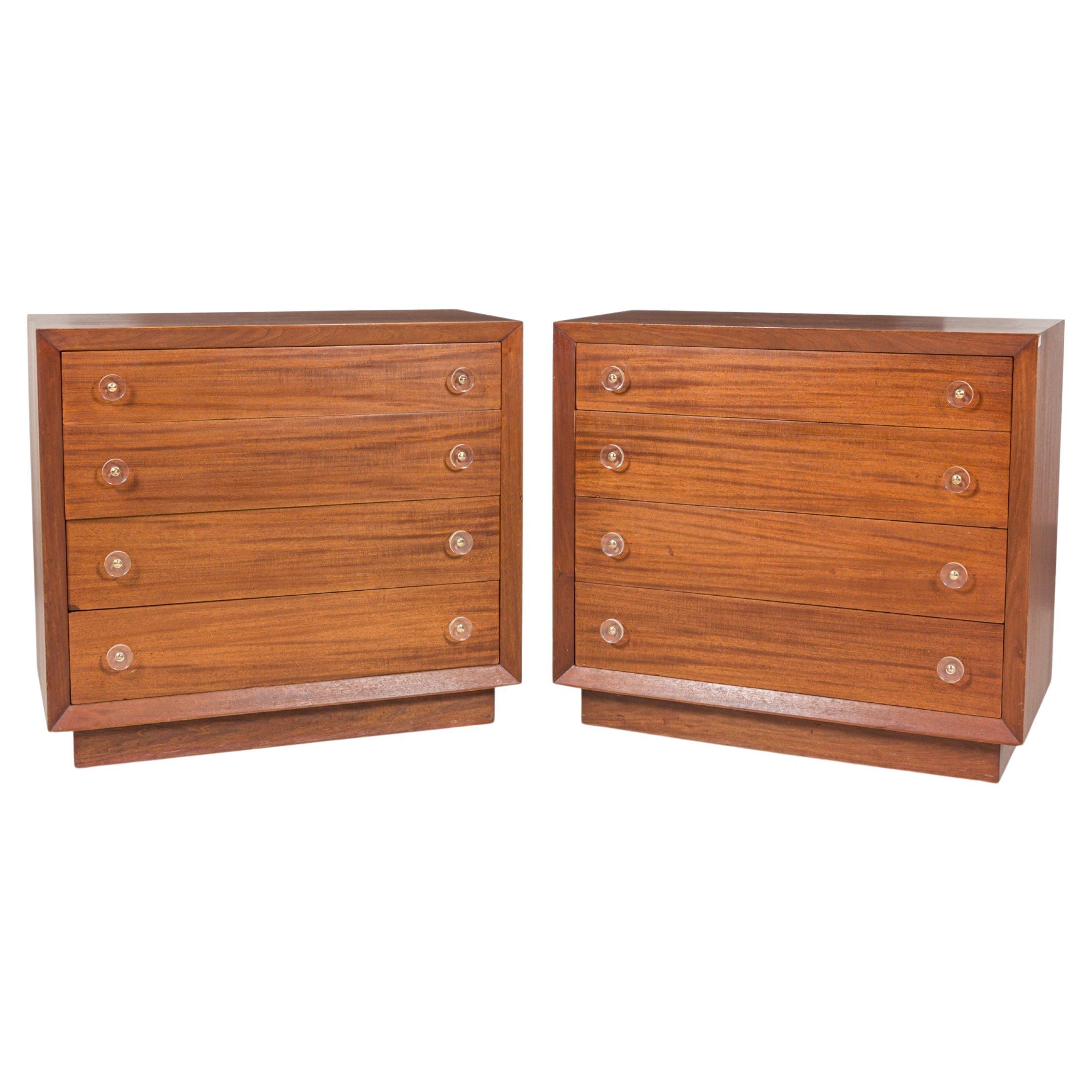 Pair of Modern Age Ribbon Mahogany and Lucite Disk Drawer Pull Four-Drawer Commo For Sale