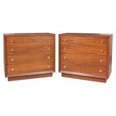 Used Pair of Modern Age Ribbon Mahogany and Lucite Disk Drawer Pull Four-Drawer Commo