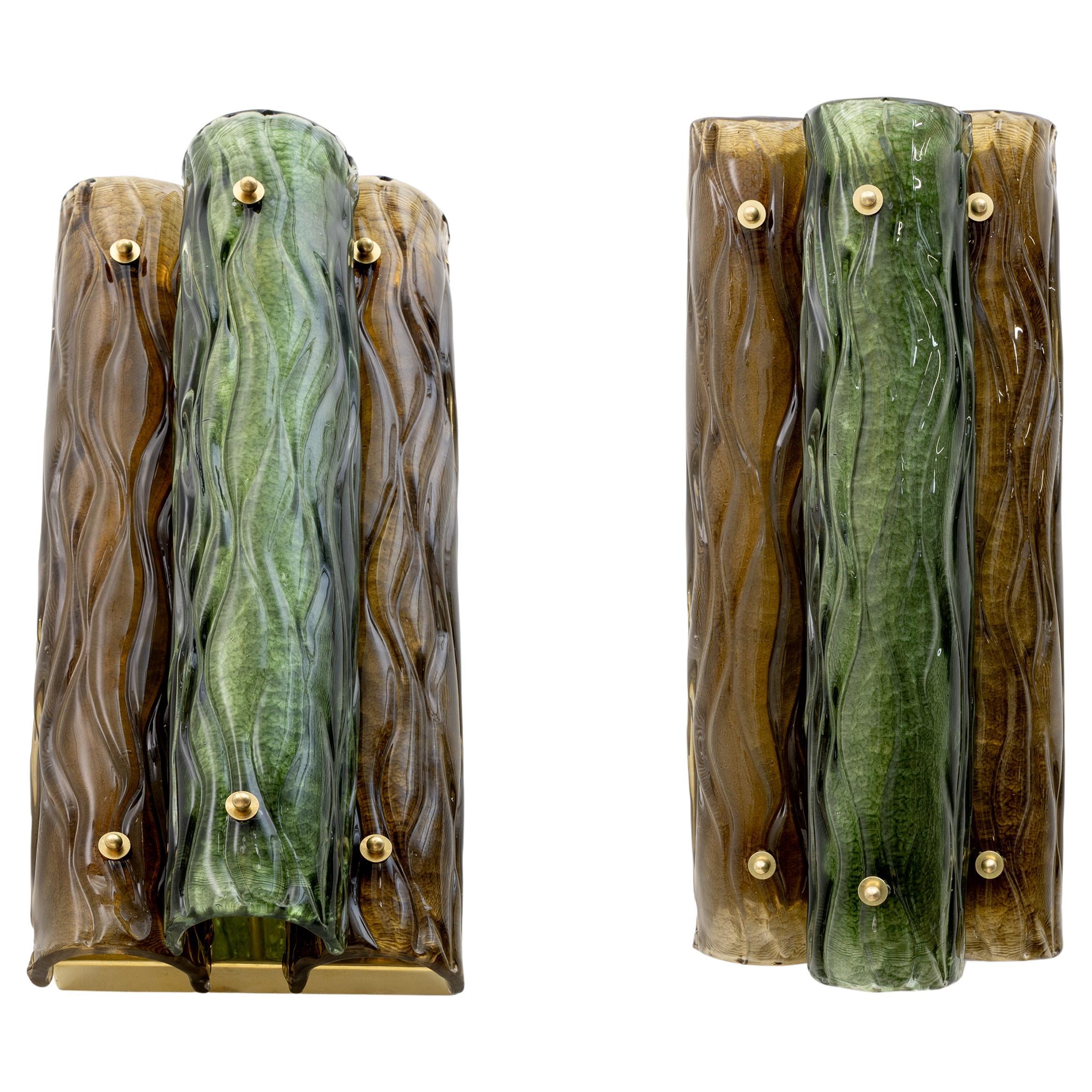 Coppia di lampade moderne in vetro di Murano ambra e verde e ottone in vendita