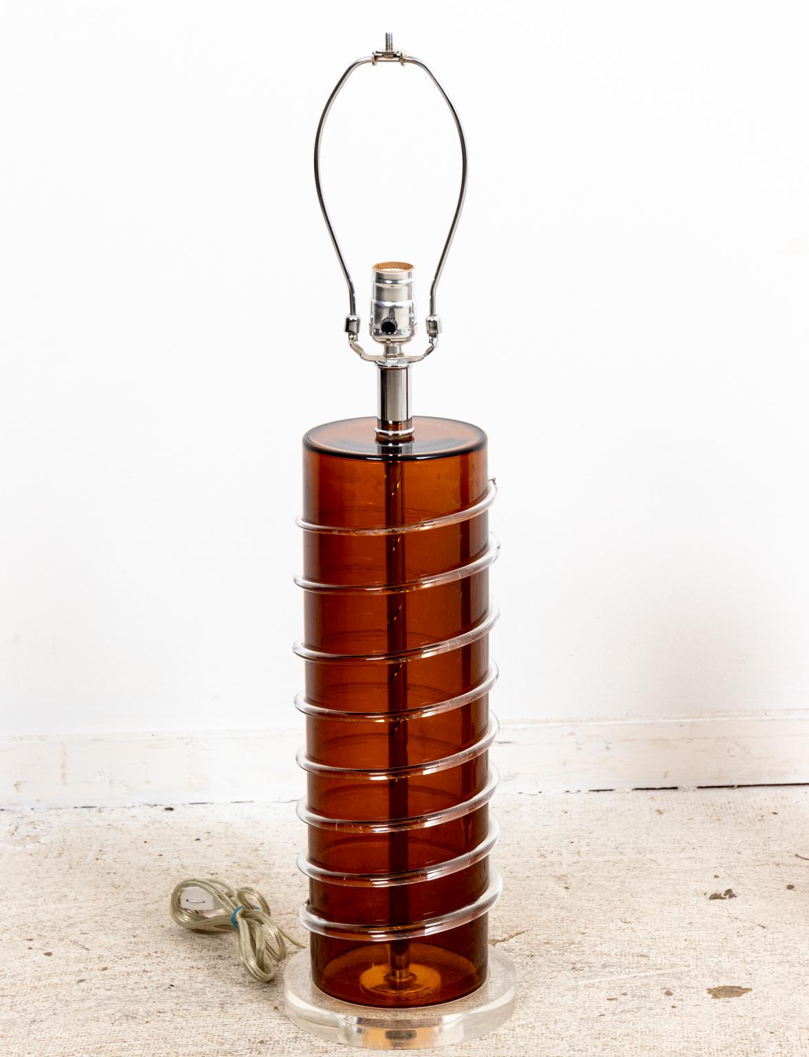 Pair of Modern Amber Glass Lamps In Good Condition In Stamford, CT