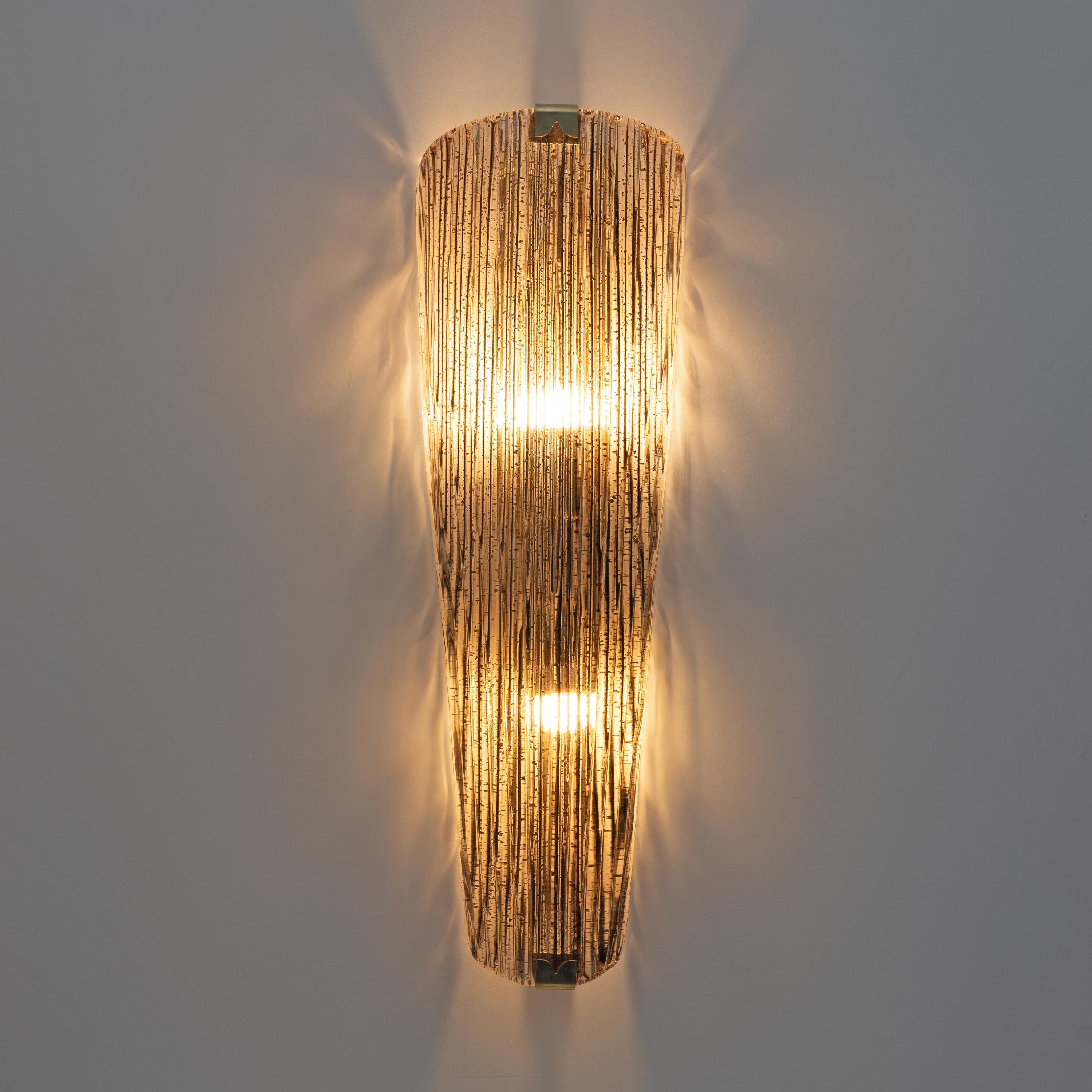 Italian Pair of Modern Amber Murano Glass and Brass Sconces For Sale