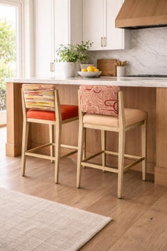 Pair of Modern American Oak Counter Stools with Leather & Fabric Upholstery