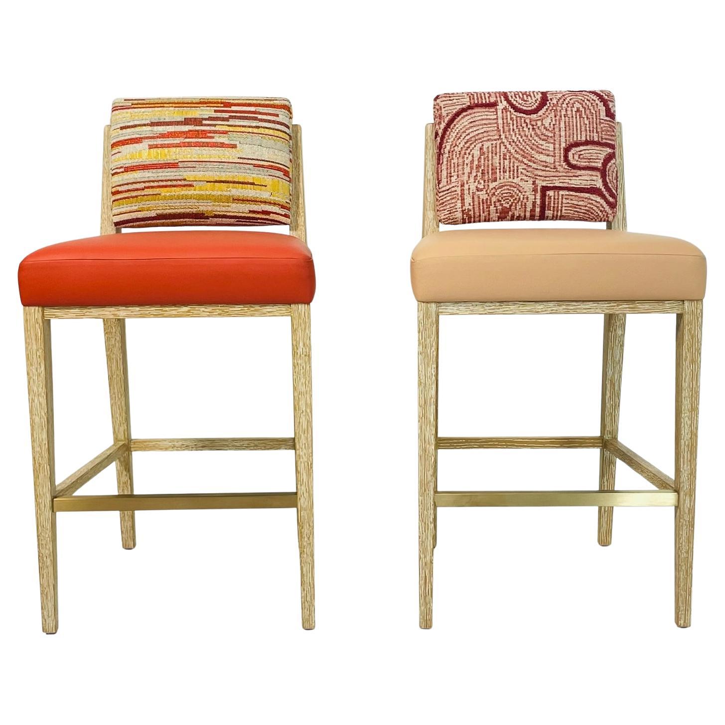 Pair of Modern American Oak Counter Stools with Leather & Fabric Upholstery