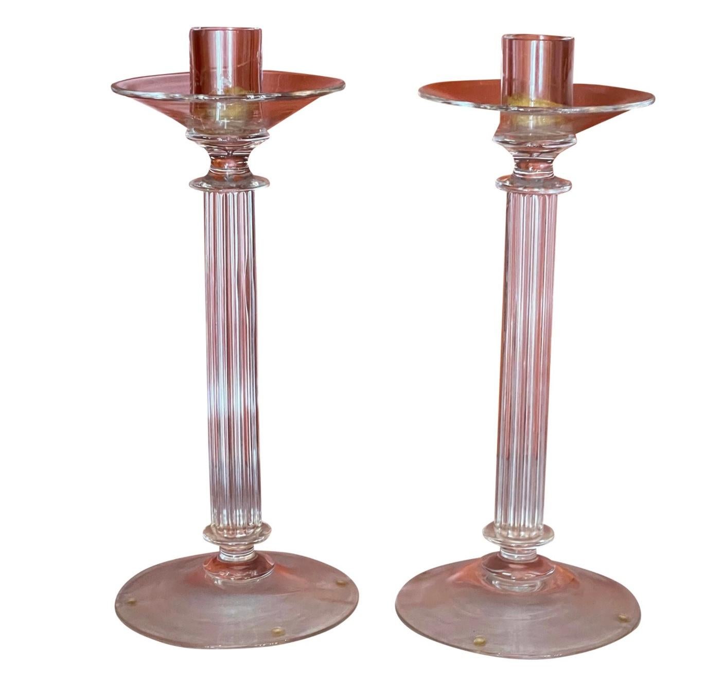 Pair of Modern Archimede Seguso Murano Glass Crystal Candlesticks In Good Condition For Sale In LOS ANGELES, CA