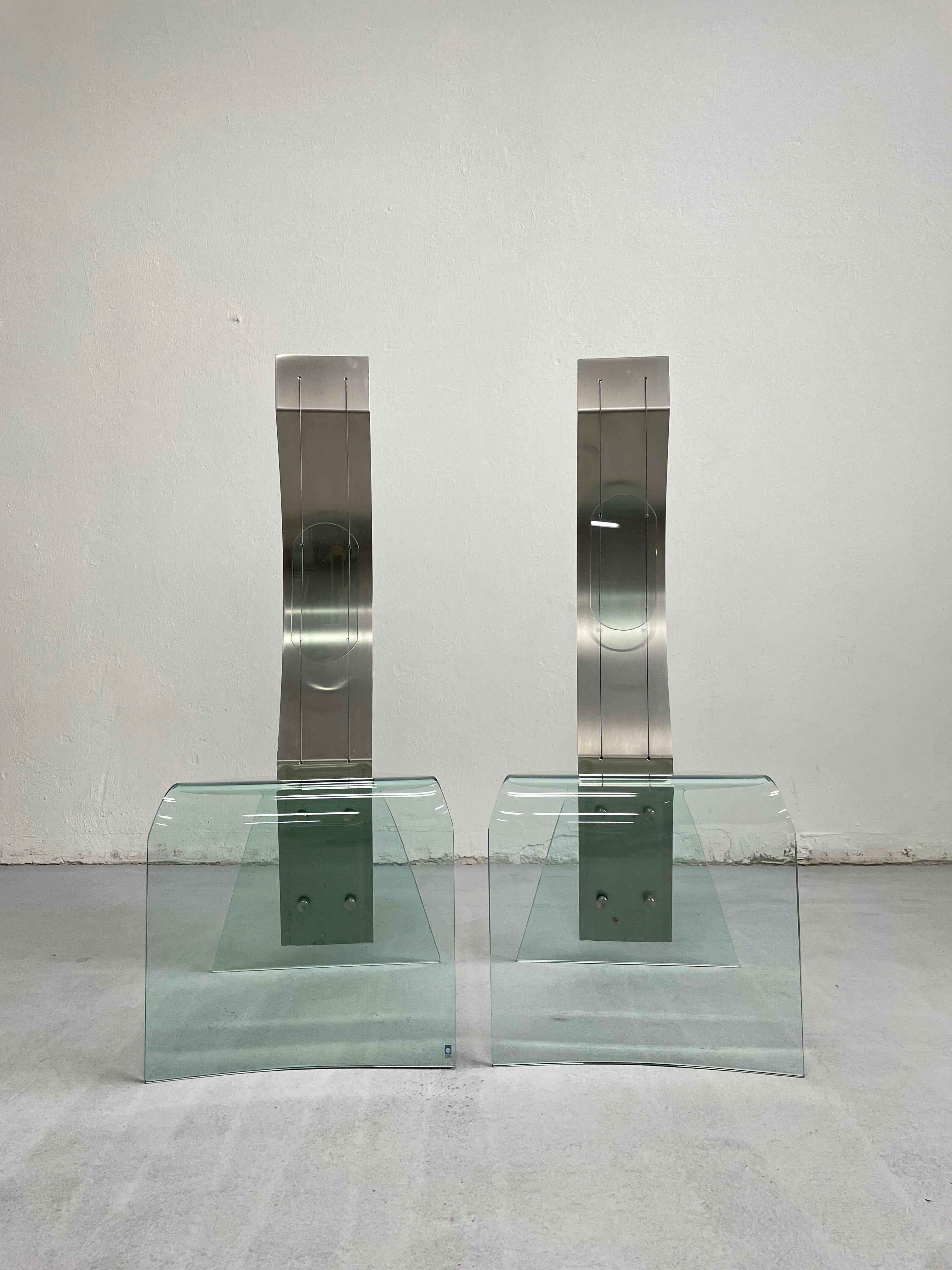 Pair of Modern Shiro Kuramata Style Glass and Steel Chairs, 1980s / 1990s  In Good Condition For Sale In Zagreb, HR