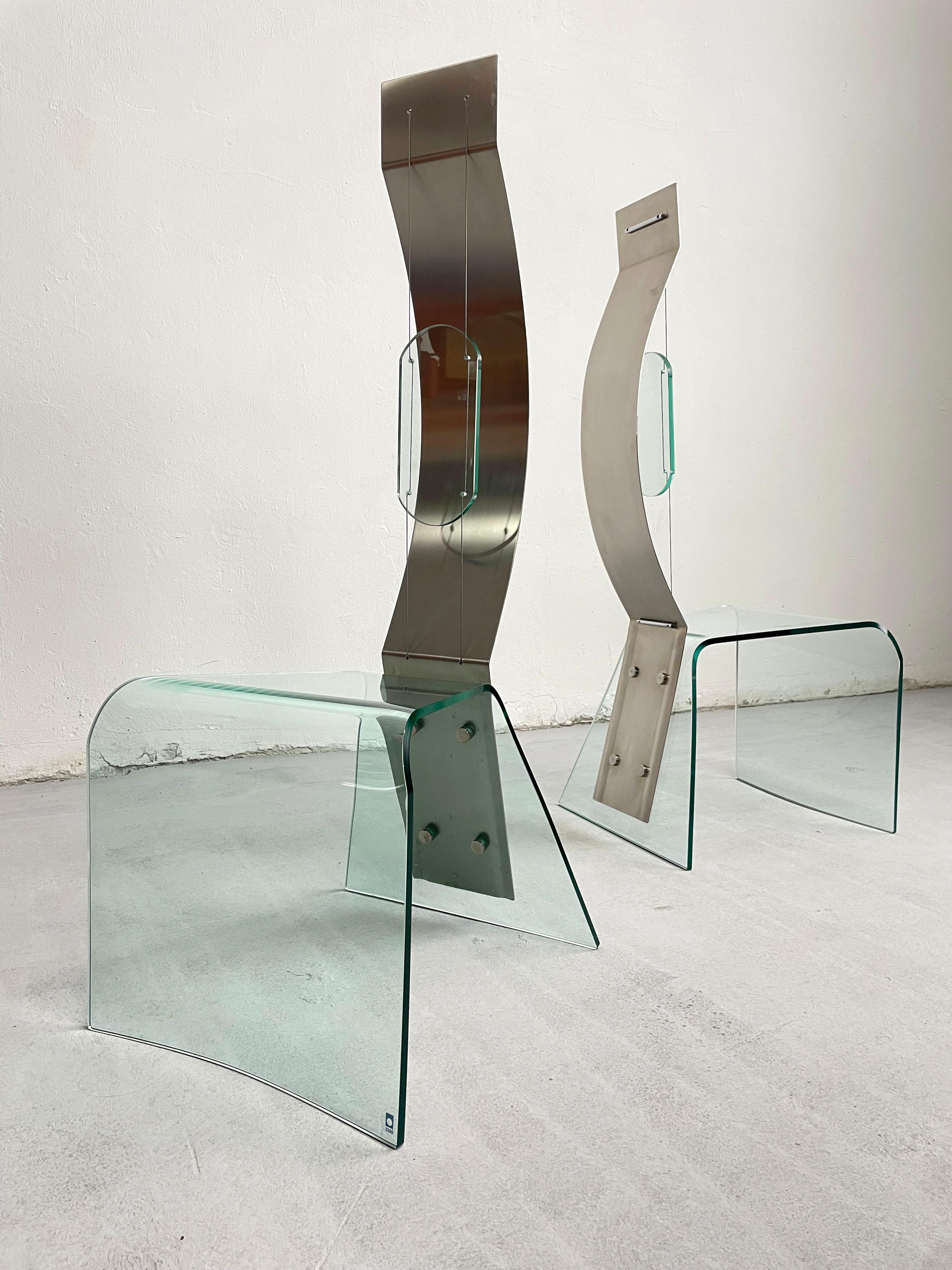 Stainless Steel Pair of Modern Shiro Kuramata Style Glass and Steel Chairs, 1980s / 1990s  For Sale