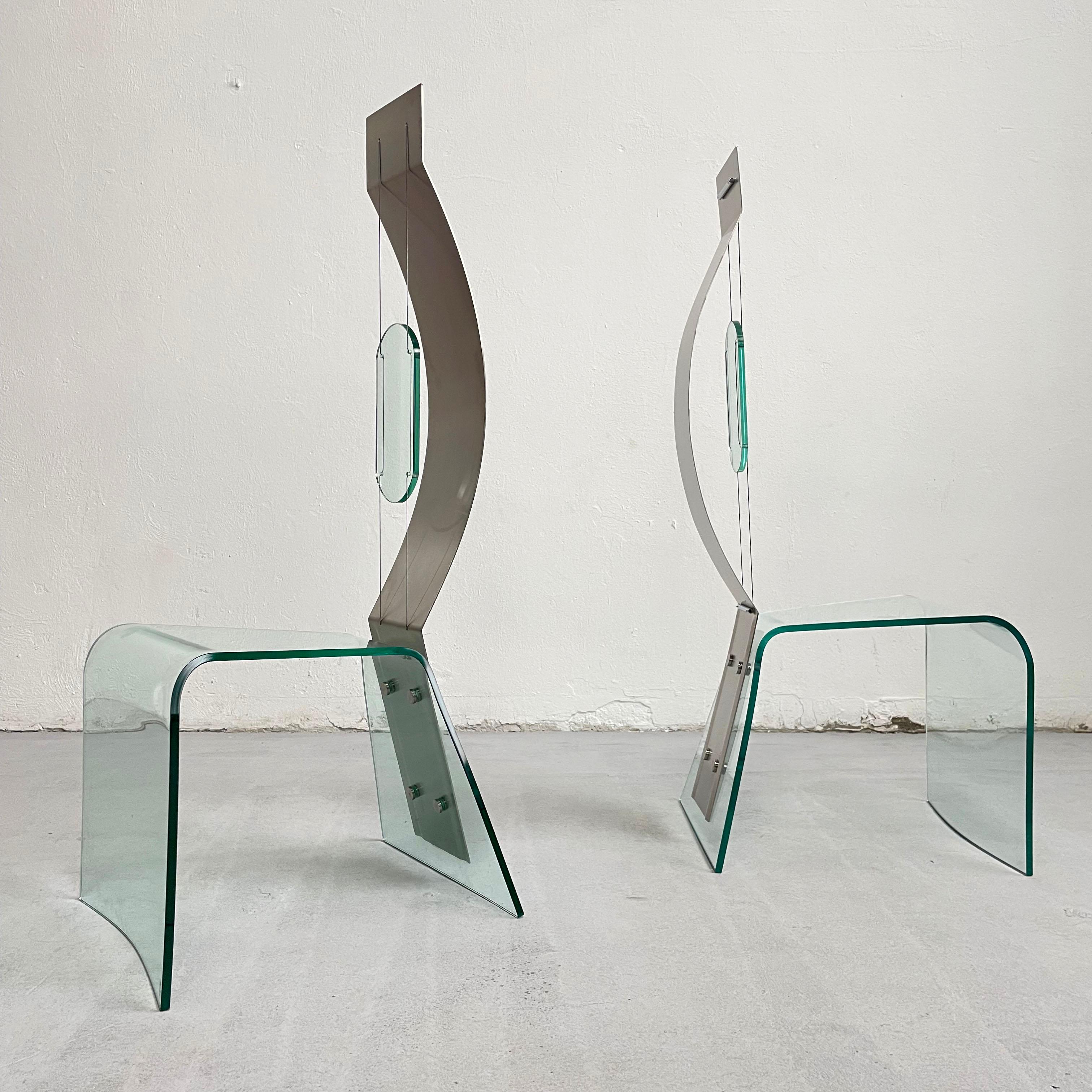 Pair of Modern Shiro Kuramata Style Glass and Steel Chairs, 1980s / 1990s  For Sale 1