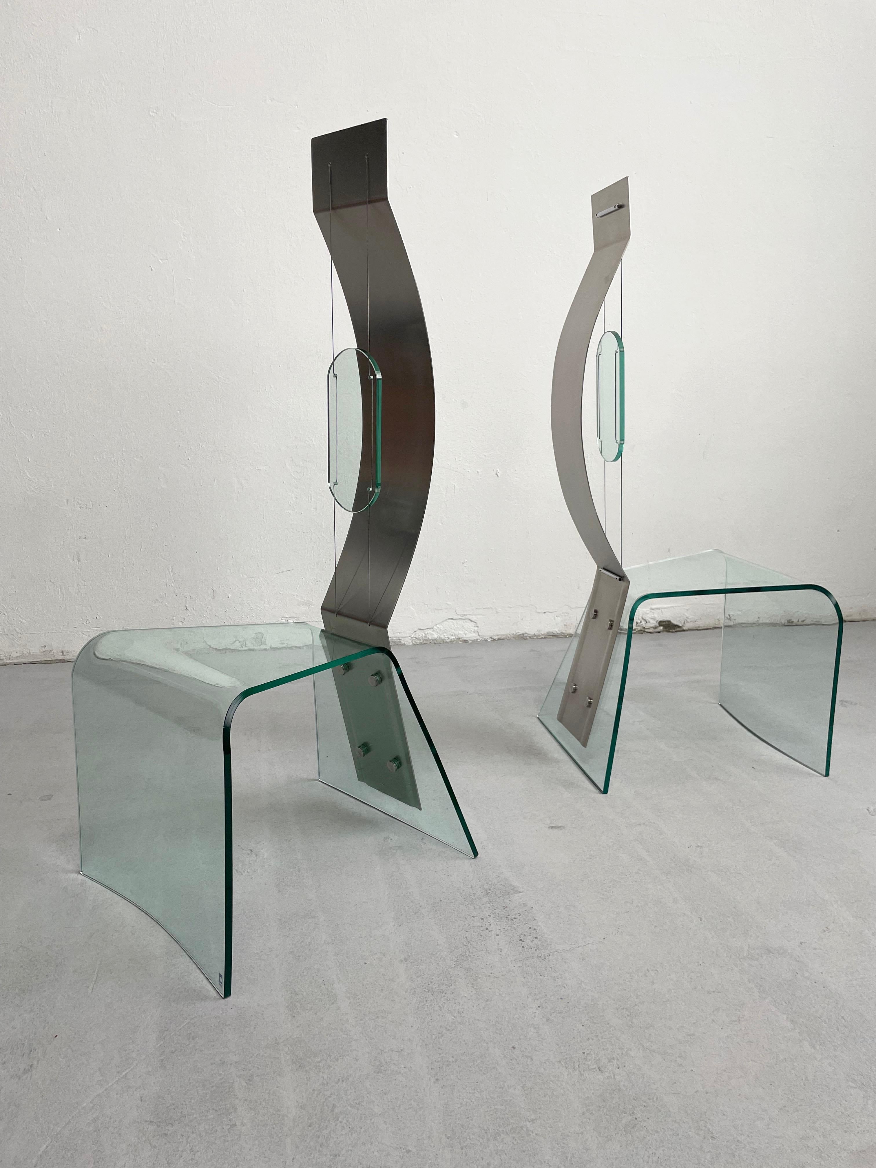 Pair of Modern Shiro Kuramata Style Glass and Steel Chairs, 1980s / 1990s  For Sale 2