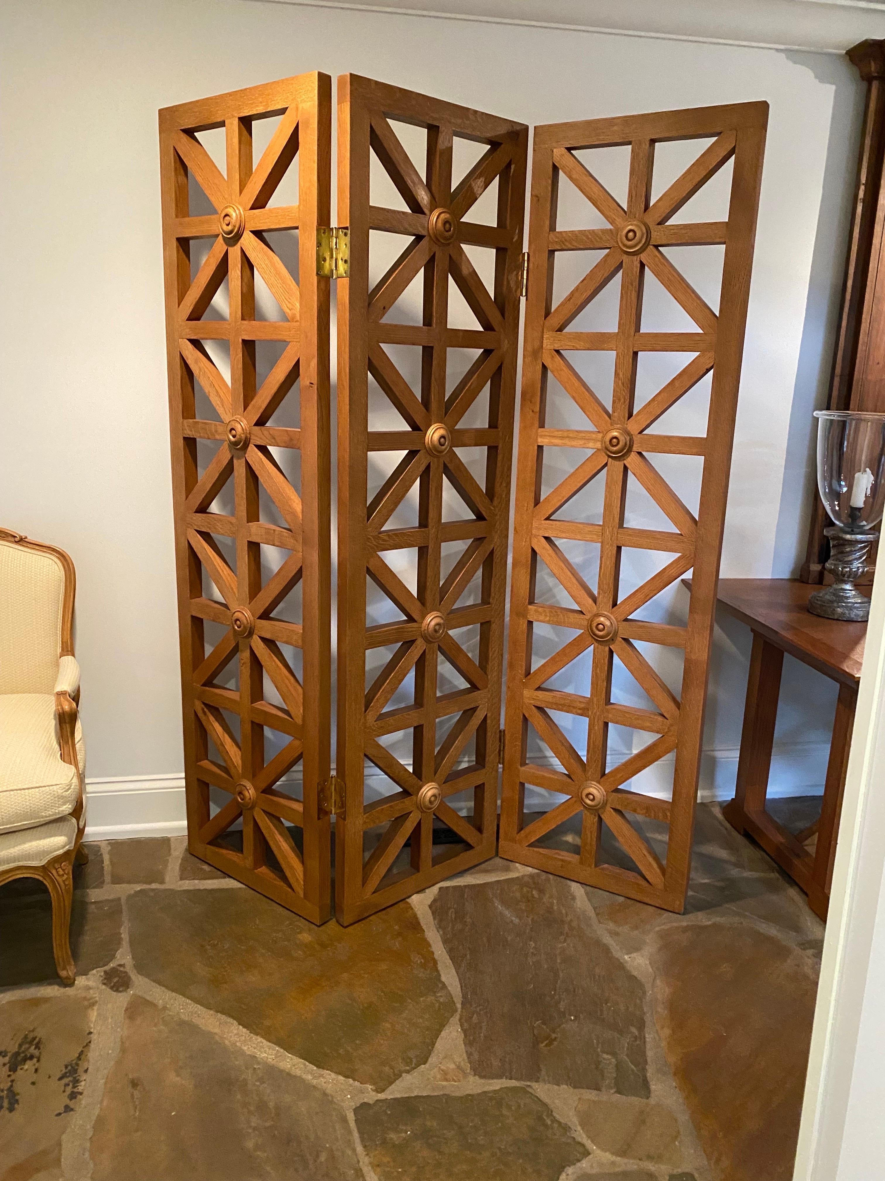 20th Century Pair of Modern Architectural Oak Three Panel Folding Screen / Dividers For Sale