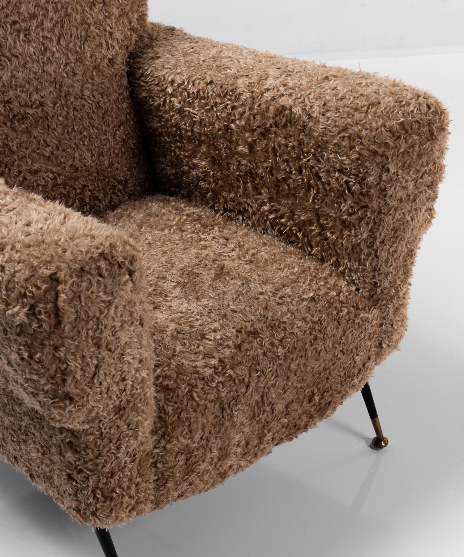 Faux Fur Pair of Modern Armchairs in Faux Wool, Italy, 1950