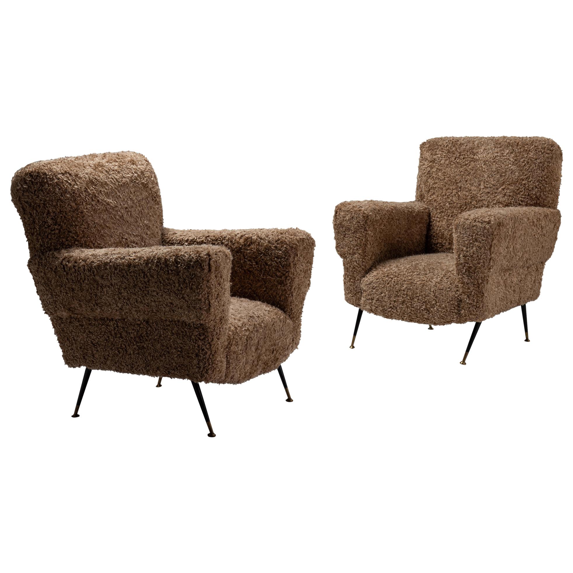 Pair of Modern Armchairs in Faux Wool, Italy, 1950