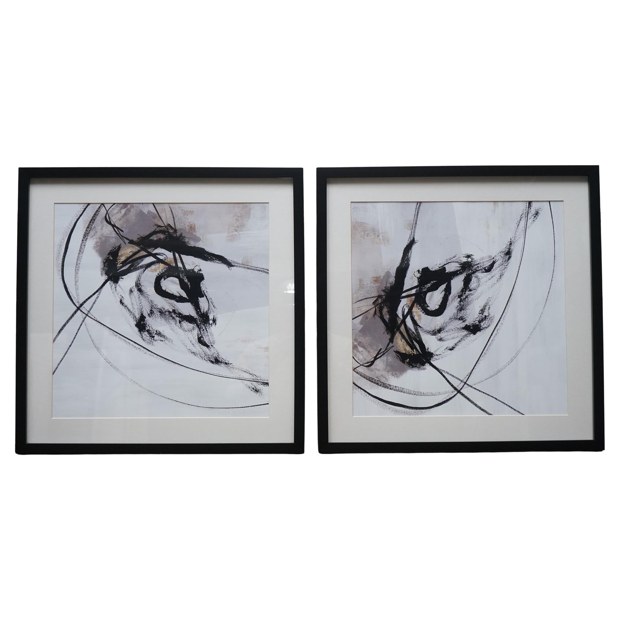 PAIR OF MODERN ART CHARCOAL STYLE WALL PAINTiNGS  BLACK FRAME 1/2 en venta