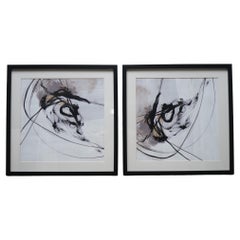 PAIR OF MODERN ART CHARCOAL STYLE WALL PAINTiNGS  BLACK FRAME 1/2