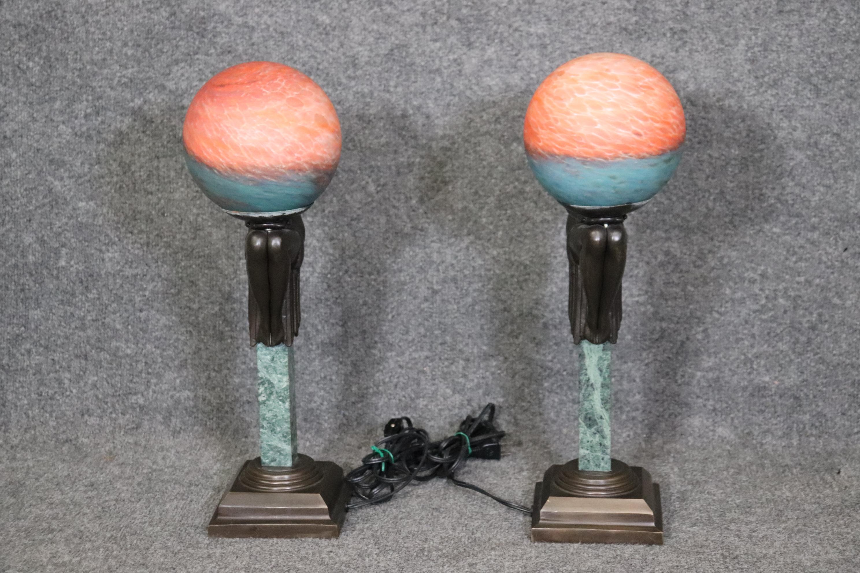 Unknown Pair of Modern Art Deco Figural Dancer Table Lamps with Art Glass Shades For Sale