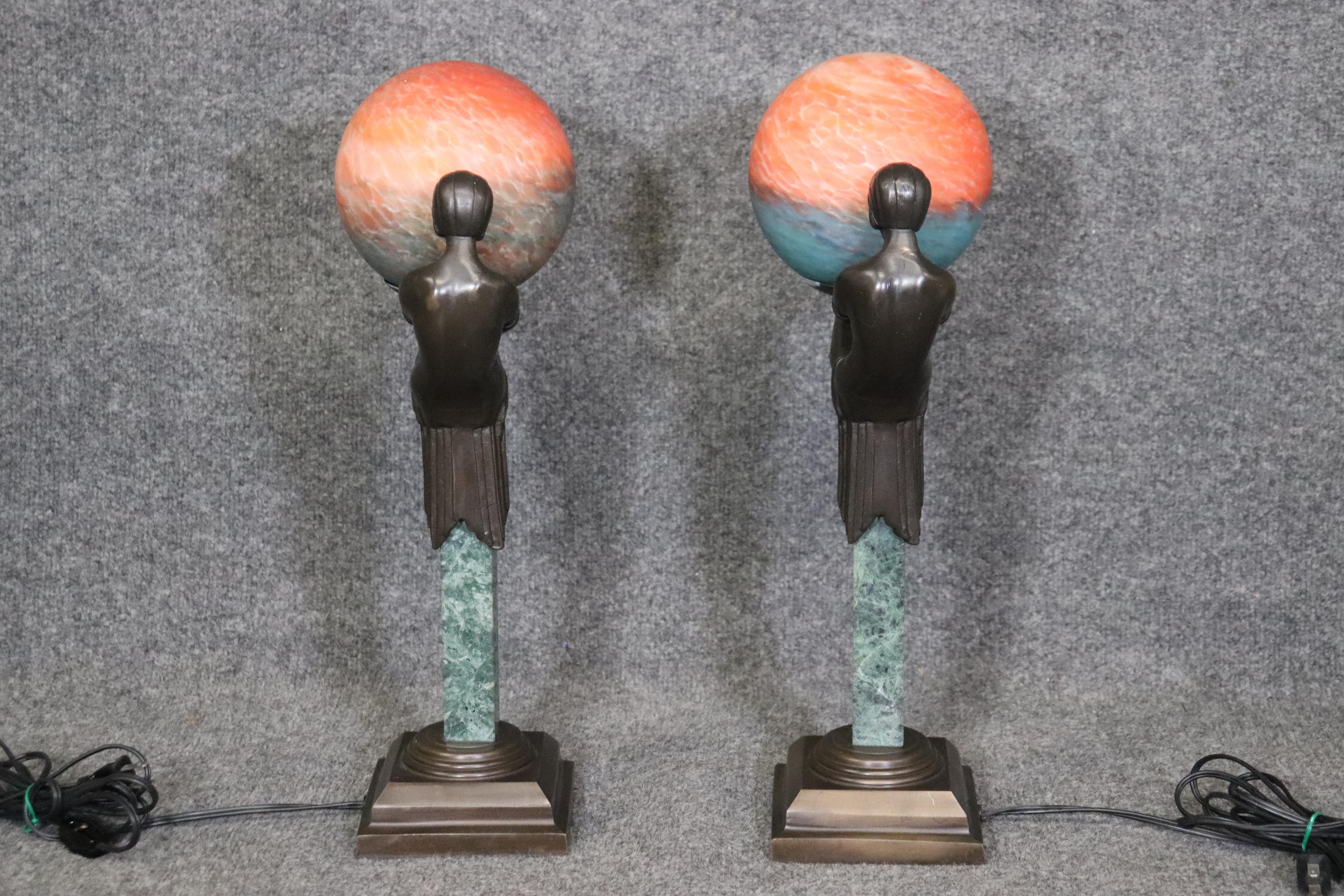 Pair of Modern Art Deco Figural Dancer Table Lamps with Art Glass Shades In Good Condition For Sale In Swedesboro, NJ