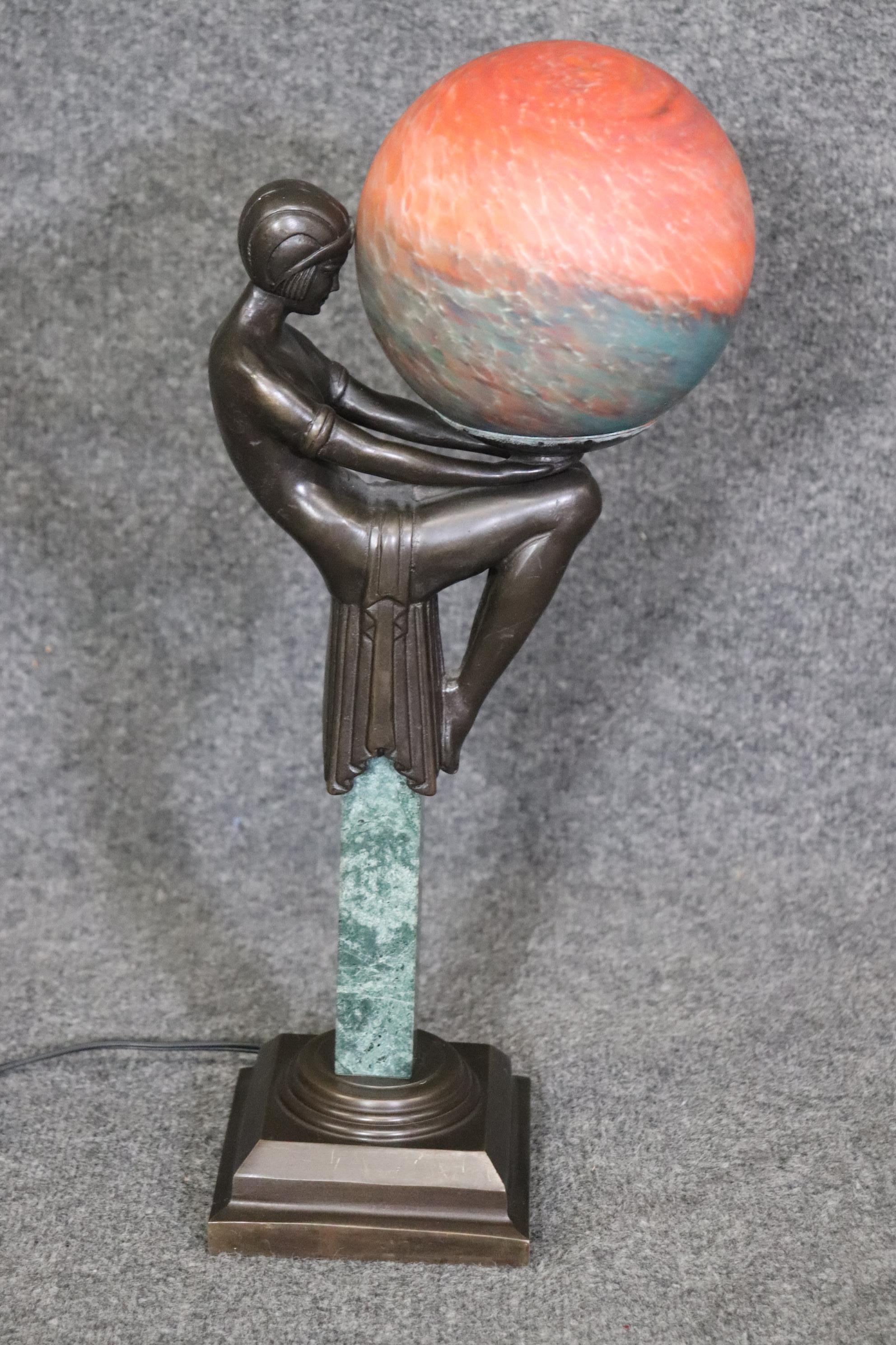 20th Century Pair of Modern Art Deco Figural Dancer Table Lamps with Art Glass Shades For Sale