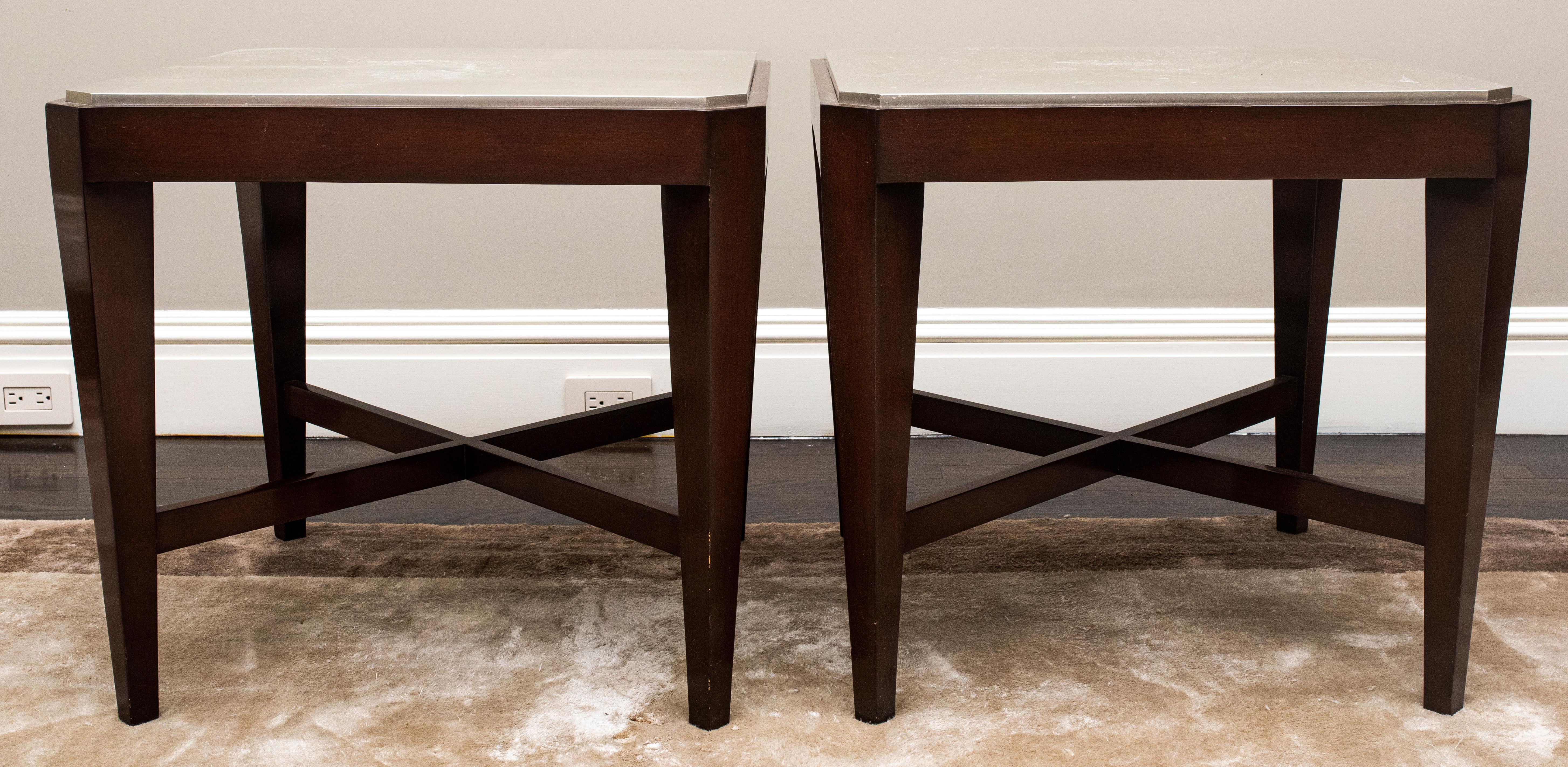 Modern Art Deco revival pair of side tables with silvered tops. Measures: 22.5