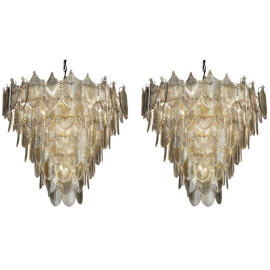 Pair of Modern Art Deco Style Chandeliers / Pendants, Brass and Glass, Eicholtz