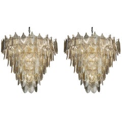 Pair of Modern Art Deco Style Chandeliers / Pendants, Brass and Glass, Eicholtz