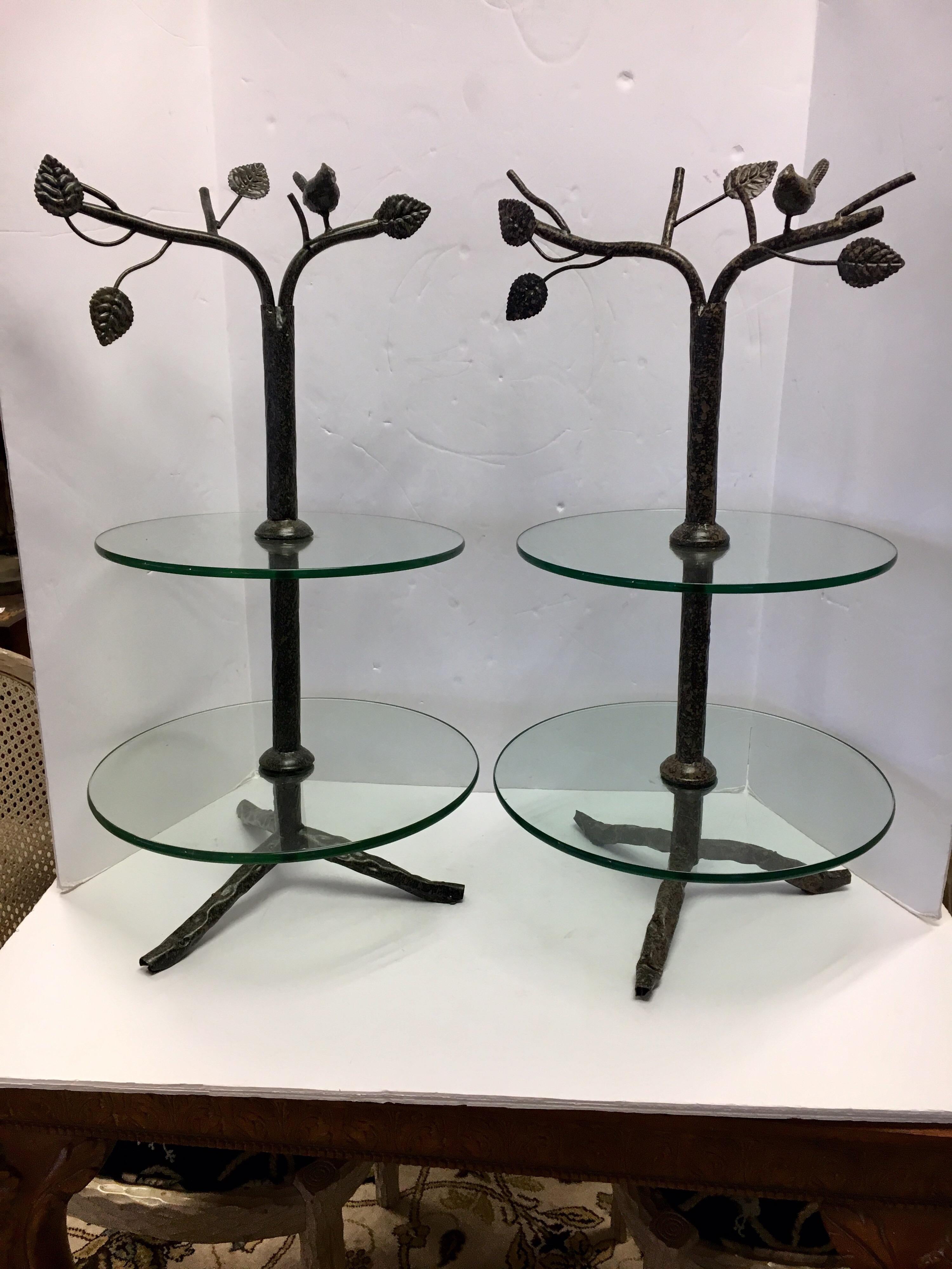 Unusual matching pair of modern Art Deco two-tiered glass end tables.