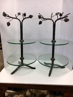 Pair of Modern Art Deco Tree Flower Round Two Tiered Glass Side End Tables