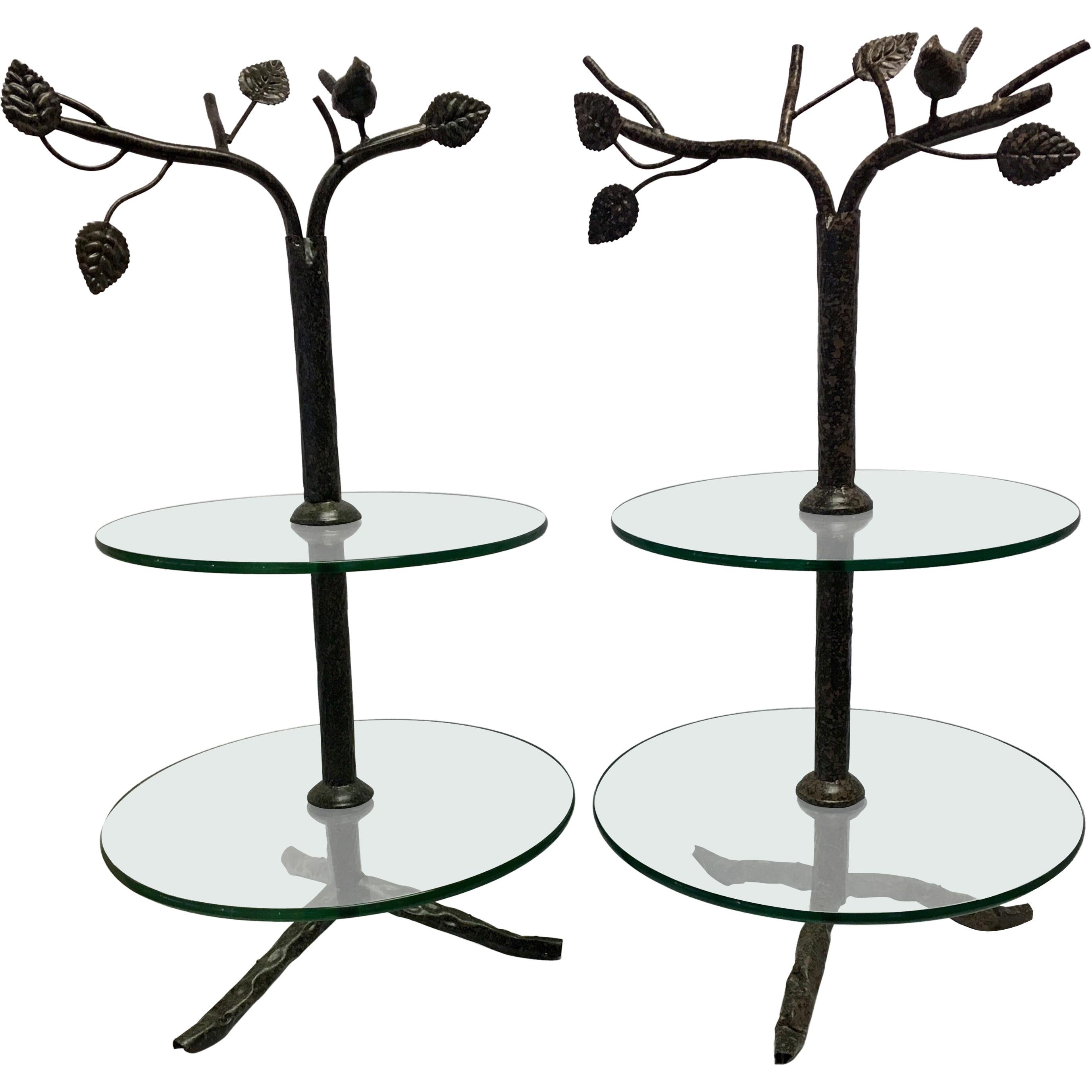 Pair of Modern Art Deco Tree Flower Round Two Tiered Glass Side End Tables