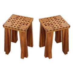 Pair of Modern Arts & Crafts Style Solid Wood Bell Design Studio Stools