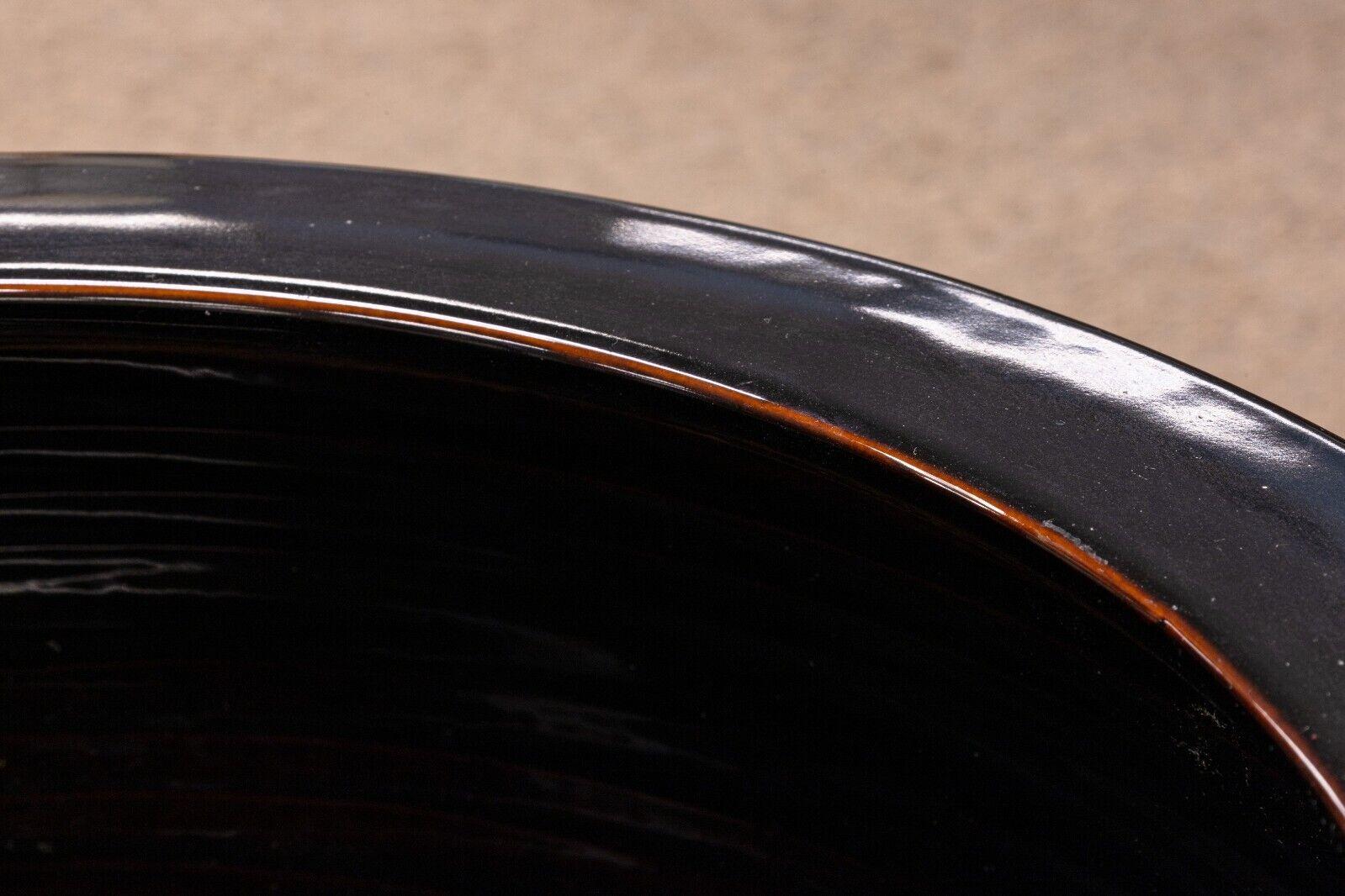 20th Century Pair of Modern Asian Urn Floor Ceramic Vases Black Glaze on Ornate Wooden Stands For Sale